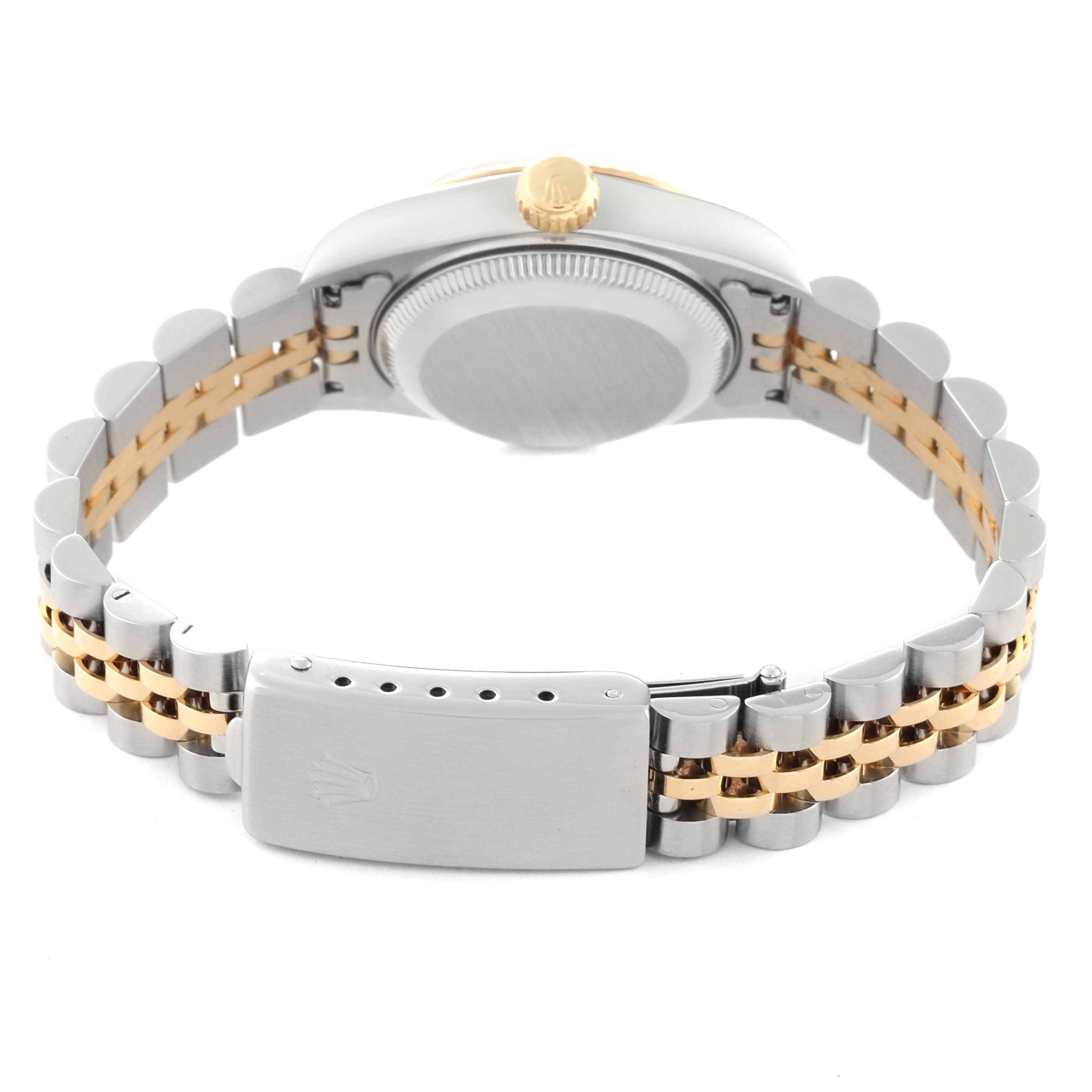 The image shows the back view of a Rolex Datejust 69173 Women's Steel and Gold (two tone) Champagne Dial 69173 Women's Steel and Gold (two tone) Champagne Dial watch, including its gold crown and two-tone bracelet with a clasp.