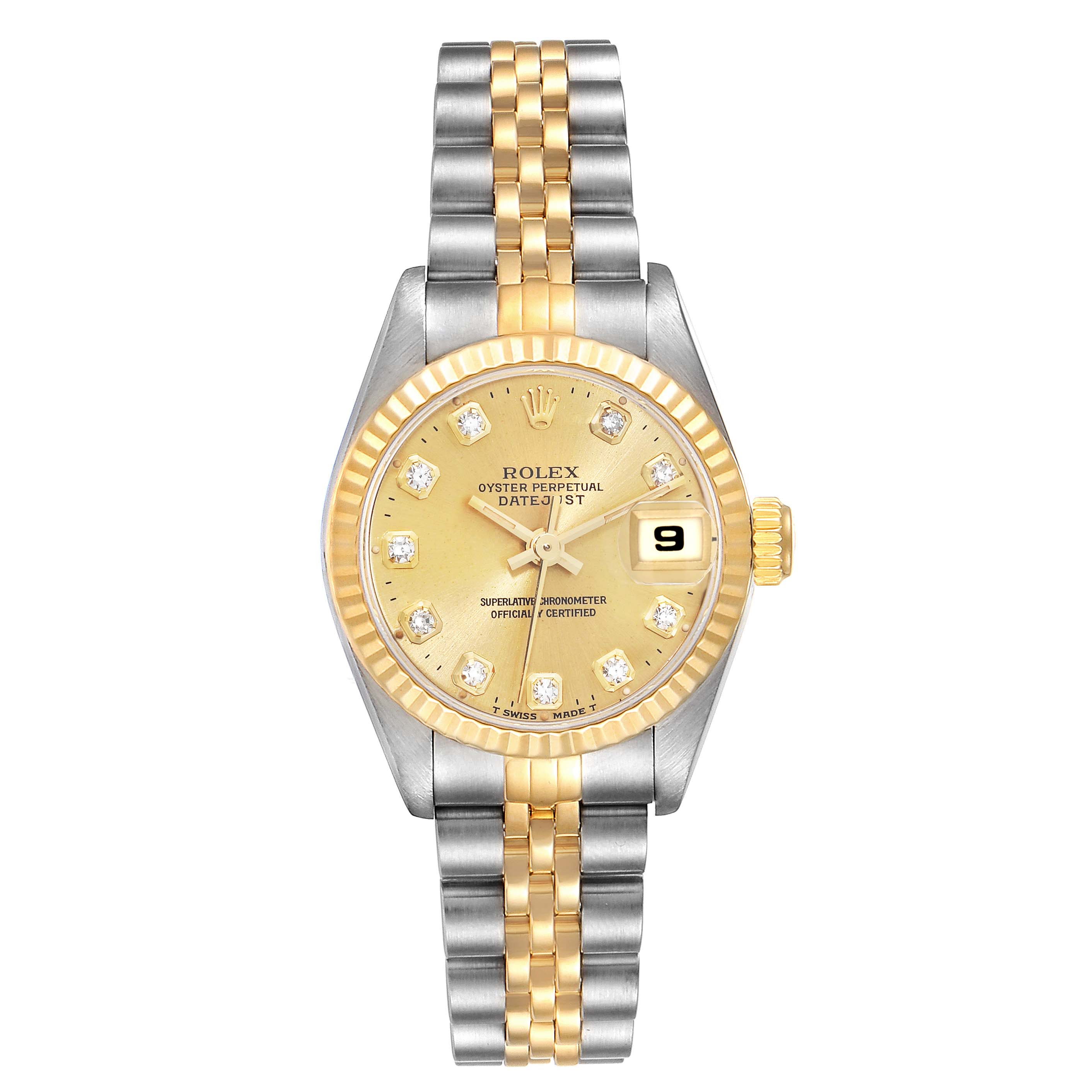 The image shows a front view of a Rolex Datejust 69173 Women's Steel and Gold (two tone) Champagne Dial 69173 Women's Steel and Gold (two tone) Champagne Dial watch, highlighting the dial, bezel, and bracelet.