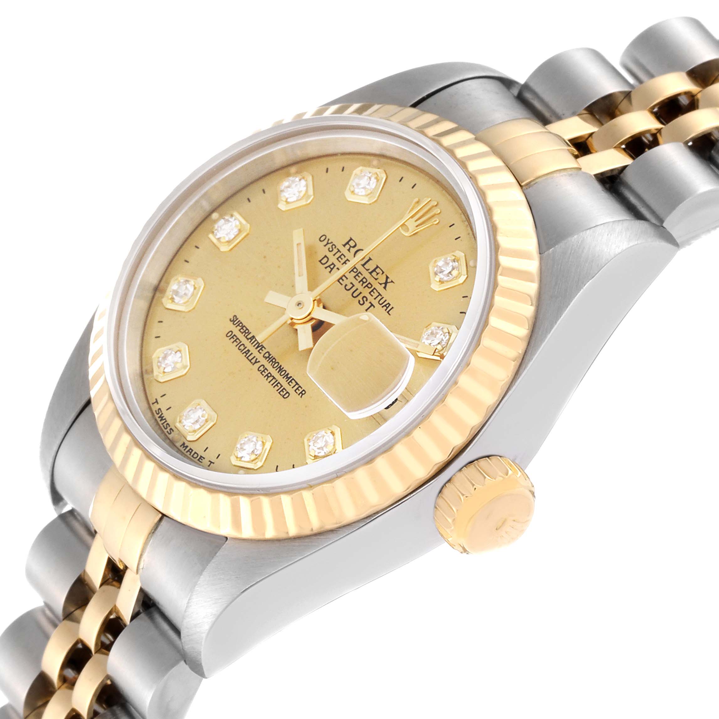 This image shows a close-up angle of the Rolex Datejust 69173 Women's Steel and Gold (two tone) Champagne Dial 69173 Women's Steel and Gold (two tone) Champagne Dial watch, highlighting its dial, bezel, crown, and part of the bracelet.