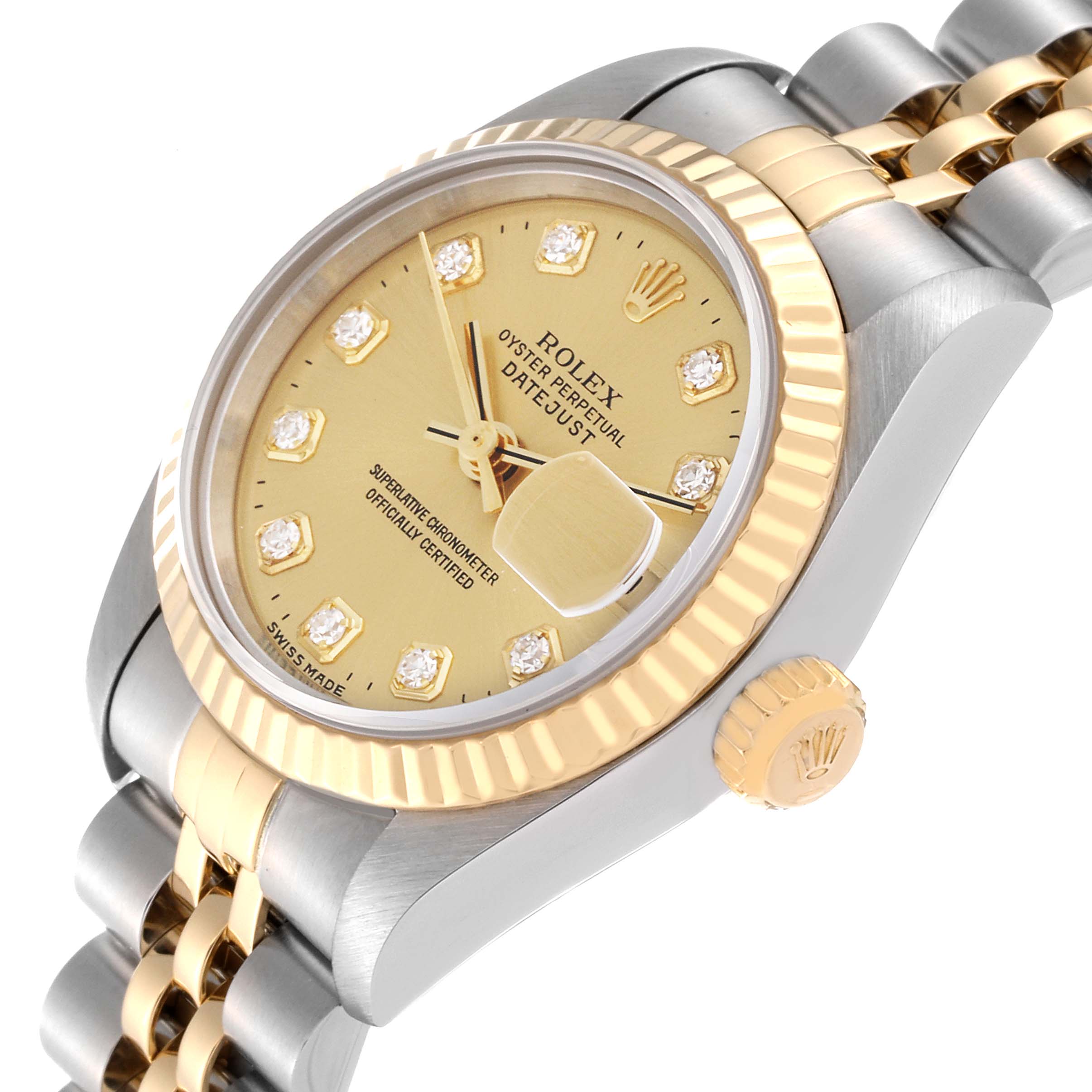 This image of the Rolex Datejust 69173 Women's Steel and Gold (two tone) Champagne Dial 69173 Women's Steel and Gold (two tone) Champagne Dial watch shows a close-up view of the dial, crown, bezel, and part of the two-tone bracelet.