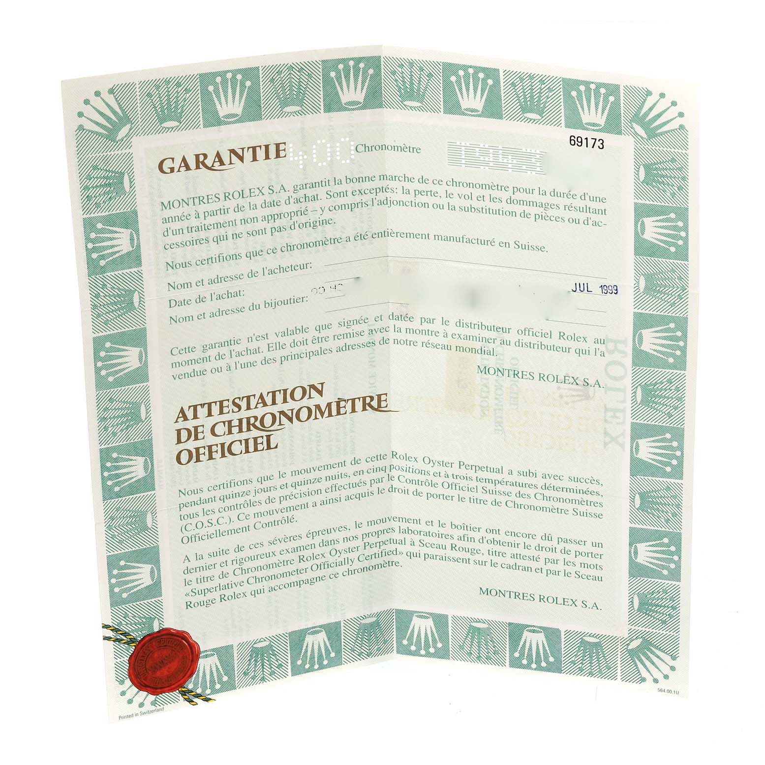 The image shows a warranty certificate for a Rolex Datejust 69173 Women's Steel and Gold (two tone) Champagne Dial 69173 Women's Steel and Gold (two tone) Champagne Dial watch, featuring official chronometer certification and branding.