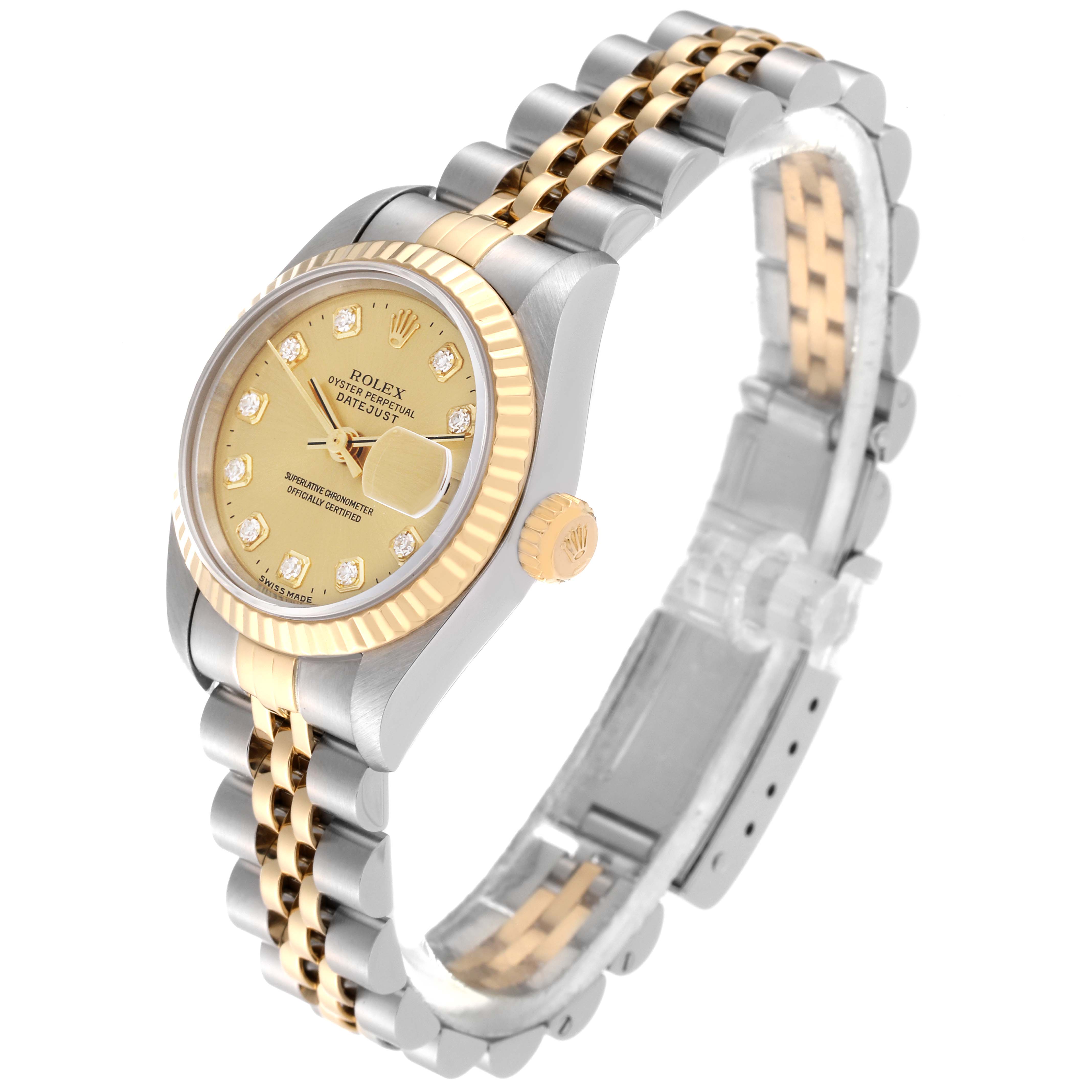 This image shows a Rolex Datejust 69173 Women's Steel and Gold (two tone) Champagne Dial 69173 Women's Steel and Gold (two tone) Champagne Dial watch at a three-quarter angle, featuring a gold dial, bezel, two-tone bracelet, and crown.