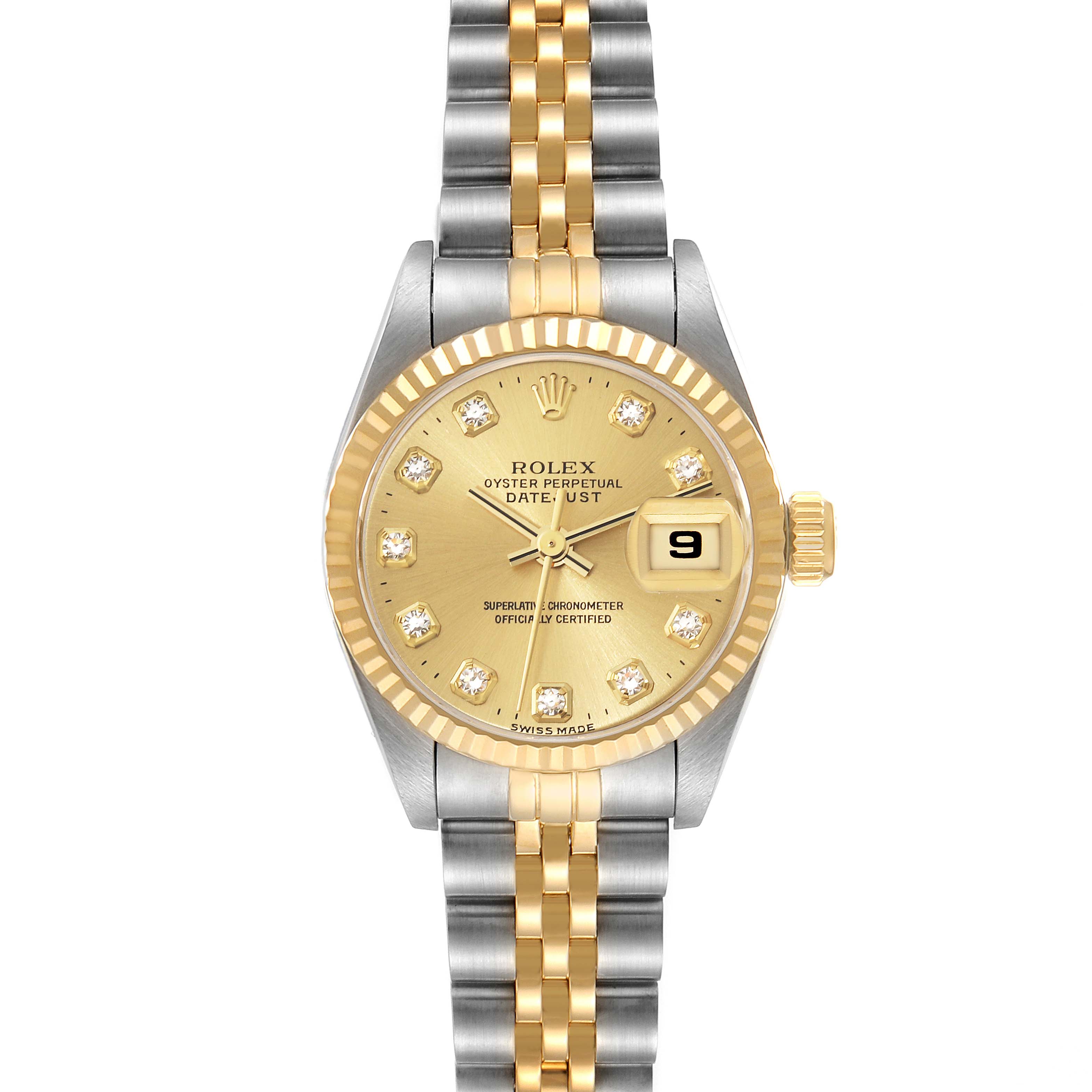 The image shows a front view of a Rolex Datejust 69173 Women's Steel and Gold (two tone) Champagne Dial 69173 Women's Steel and Gold (two tone) Champagne Dial watch with a gold and silver bracelet.