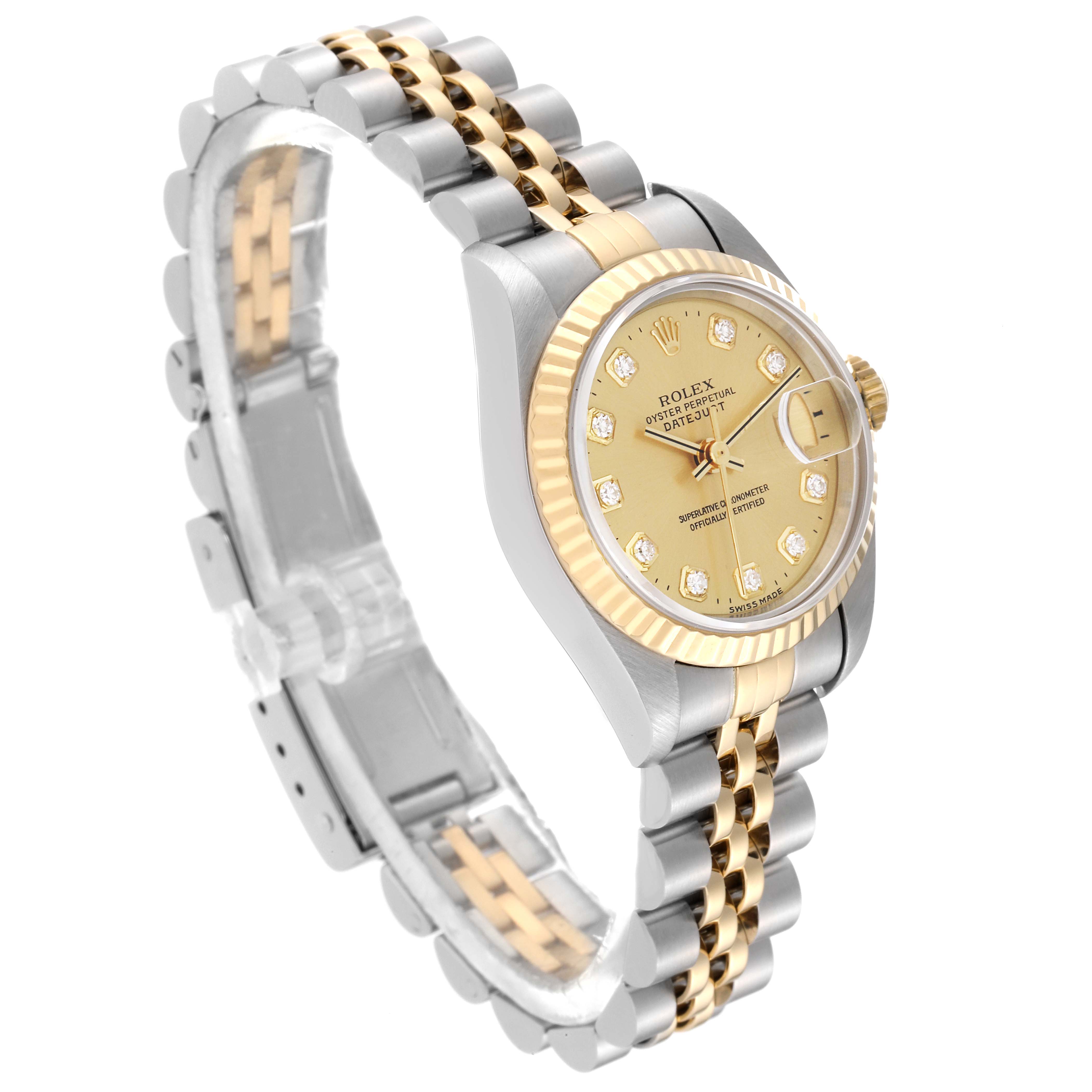 The image shows a Rolex Datejust 69173 Women's Steel and Gold (two tone) Champagne Dial 69173 Women's Steel and Gold (two tone) Champagne Dial watch from an angled side view, highlighting its gold bezel, champagne dial, and two-tone bracelet.