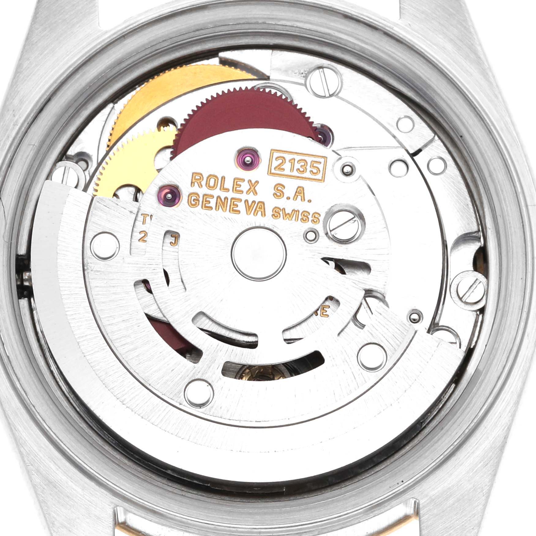 The image shows a close-up of the movement inside the Rolex Datejust 69173 Women's Steel and Gold (two tone) Champagne Dial 69173 Women's Steel and Gold (two tone) Champagne Dial watch, highlighting its intricate mechanism and components.