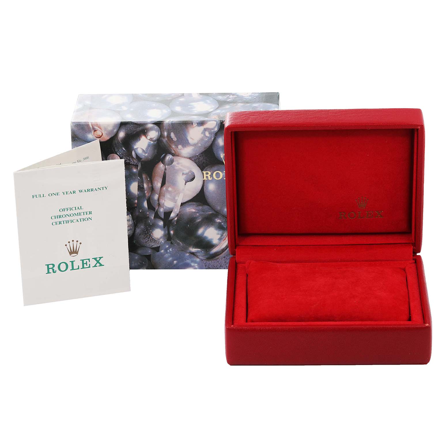 The image shows a Rolex Datejust 69173 Women's Steel and Gold (two tone) Beige Dial 69173 Women's Steel and Gold (two tone) Beige Dial watch box with a red interior, warranty card, and official chronometer certification booklet.