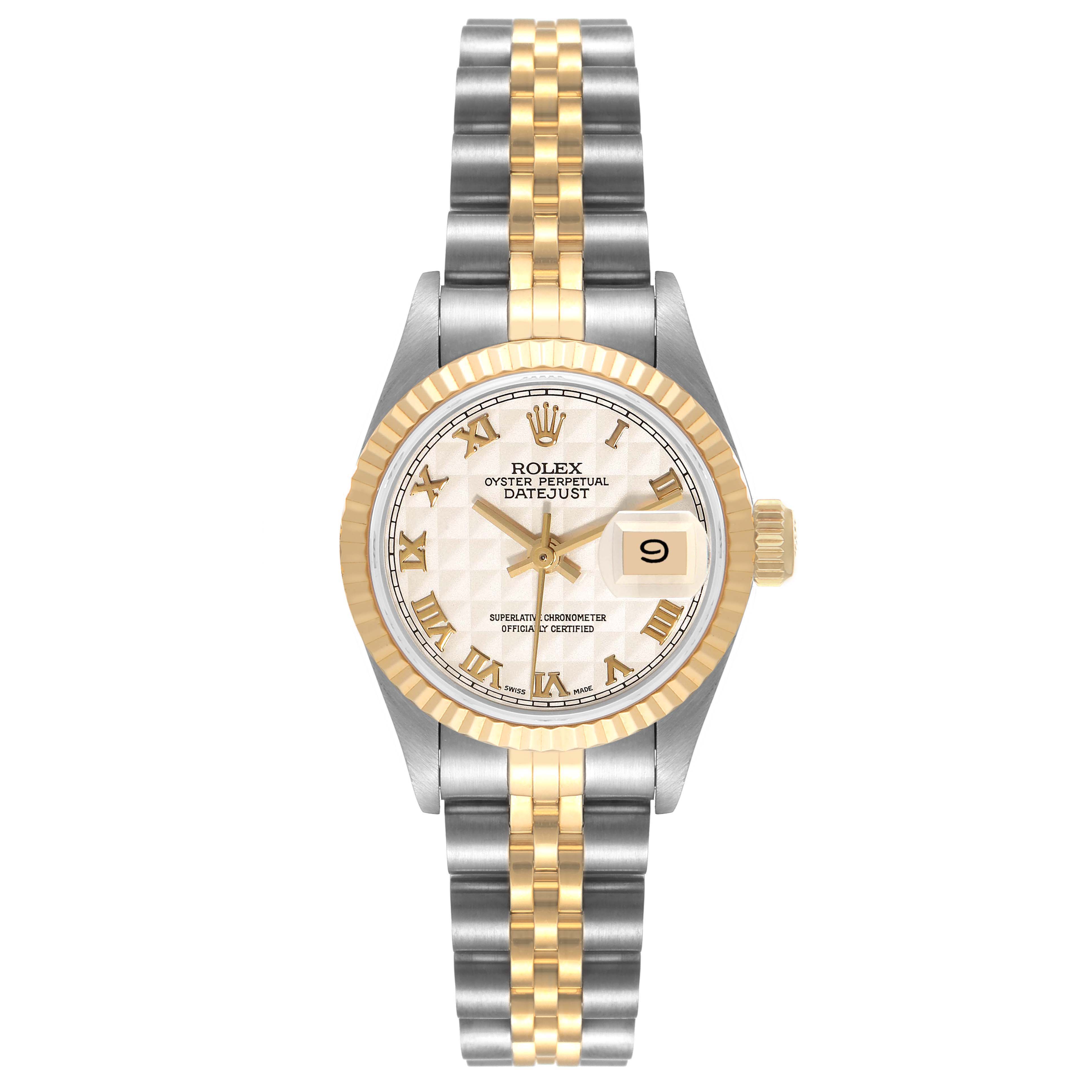 The image shows a front view of a Rolex Datejust 69173 Women's Steel and Gold (two tone) Beige Dial 69173 Women's Steel and Gold (two tone) Beige Dial watch, highlighting its bezel, dial, and bracelet.