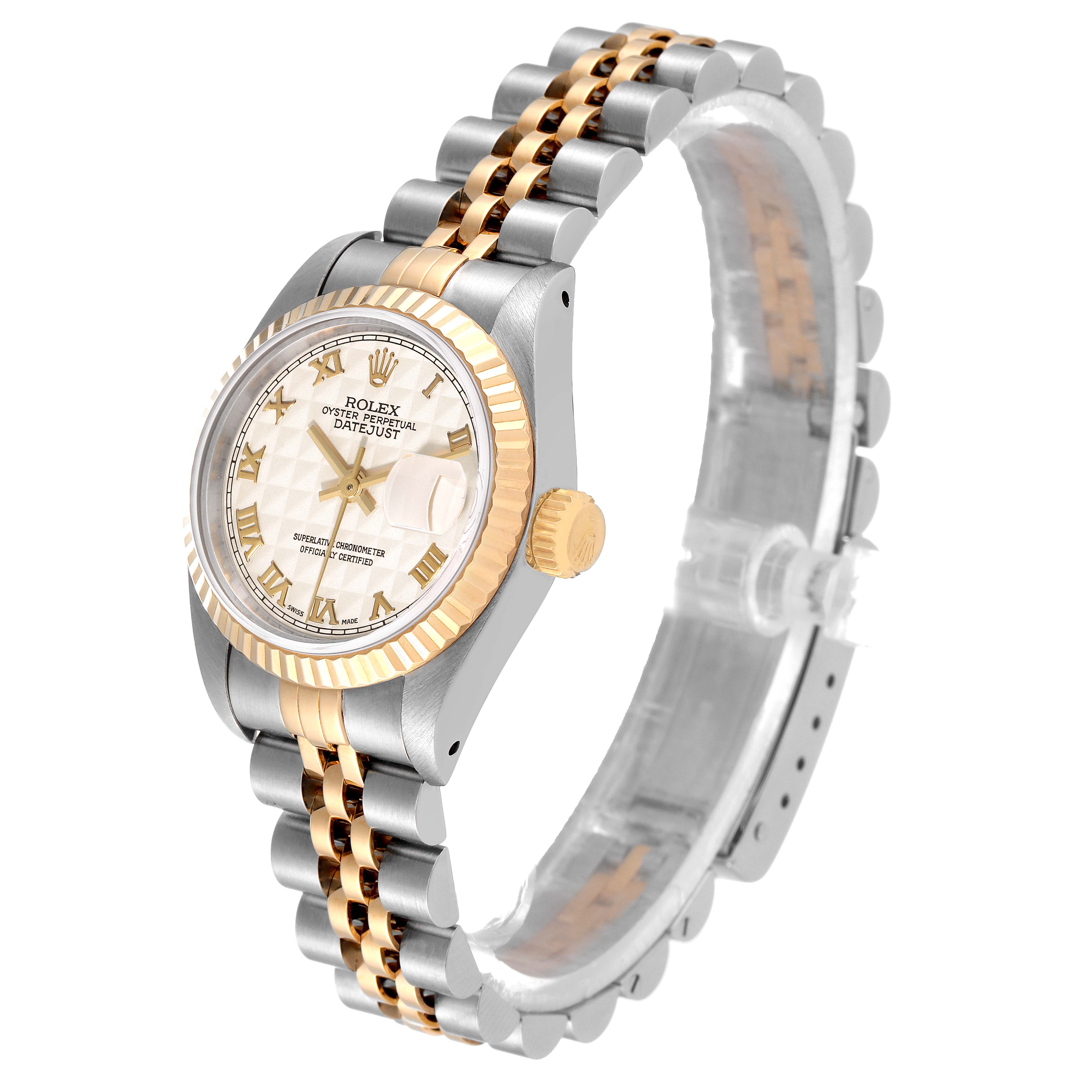 This image shows a side view of a Rolex Datejust 69173 Women's Steel and Gold (two tone) Beige Dial 69173 Women's Steel and Gold (two tone) Beige Dial watch, highlighting the face, crown, and two-tone band.