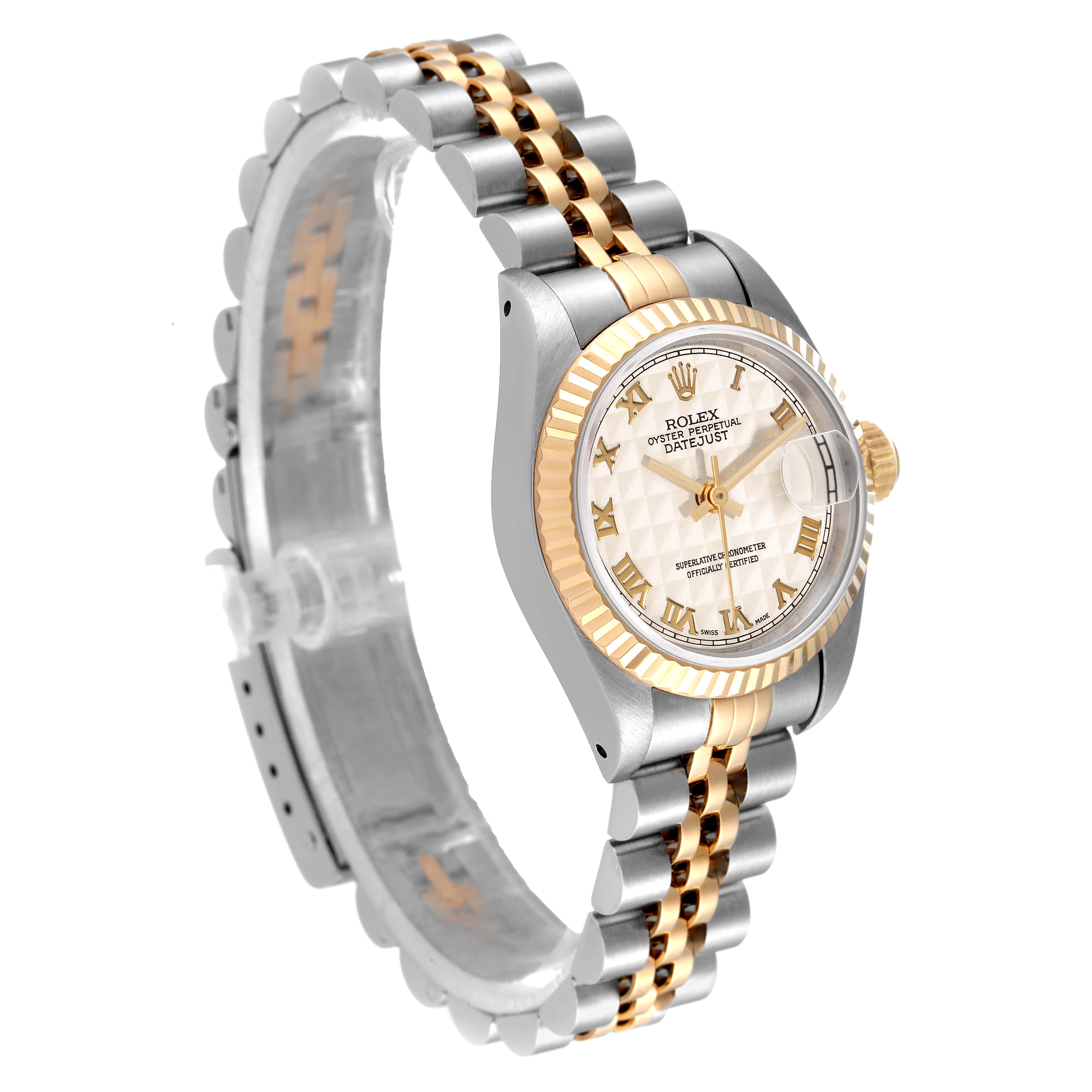 The image shows a side angle of the Rolex Datejust 69173 Women's Steel and Gold (two tone) Beige Dial 69173 Women's Steel and Gold (two tone) Beige Dial, highlighting the bracelet, bezel, and dial.