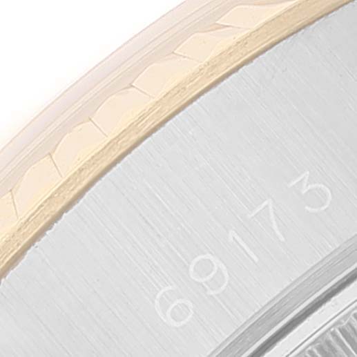 The image shows a close-up of the bezel and case of a Rolex Datejust 69173 Women's Steel and Gold (two tone) Beige Dial 69173 Women's Steel and Gold (two tone) Beige Dial watch, including the model number "69173."