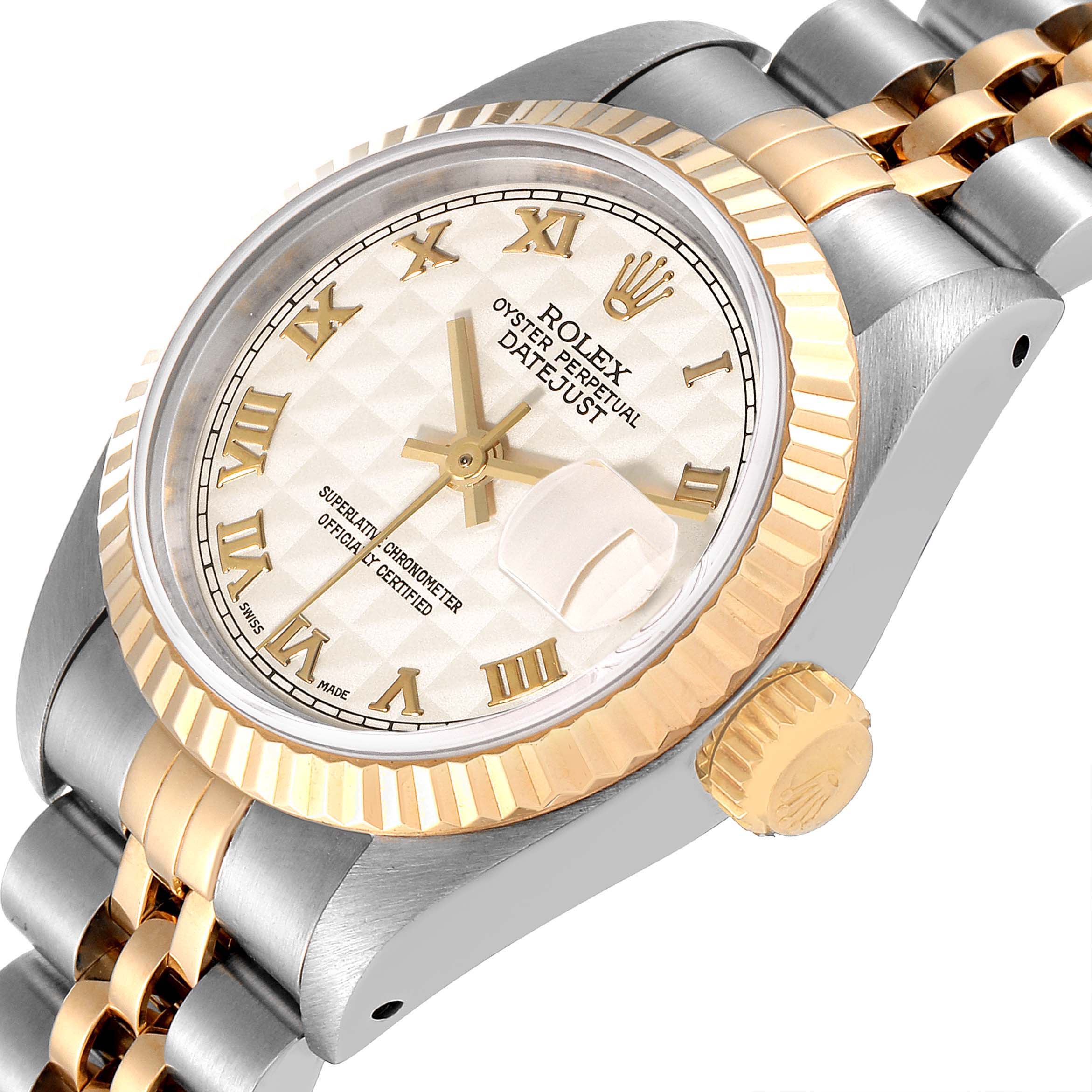 The image shows a tilted side view of a Rolex Datejust 69173 Women's Steel and Gold (two tone) Beige Dial 69173 Women's Steel and Gold (two tone) Beige Dial watch, highlighting the face, bezel, crown, and part of the bracelet.