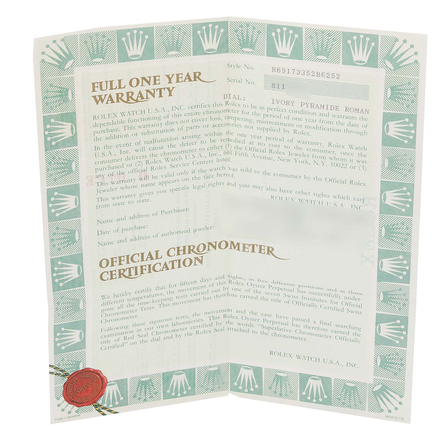 This image shows a full one-year warranty card and official chronometer certification for the Rolex Datejust 69173 Women's Steel and Gold (two tone) Beige Dial 69173 Women's Steel and Gold (two tone) Beige Dial model.