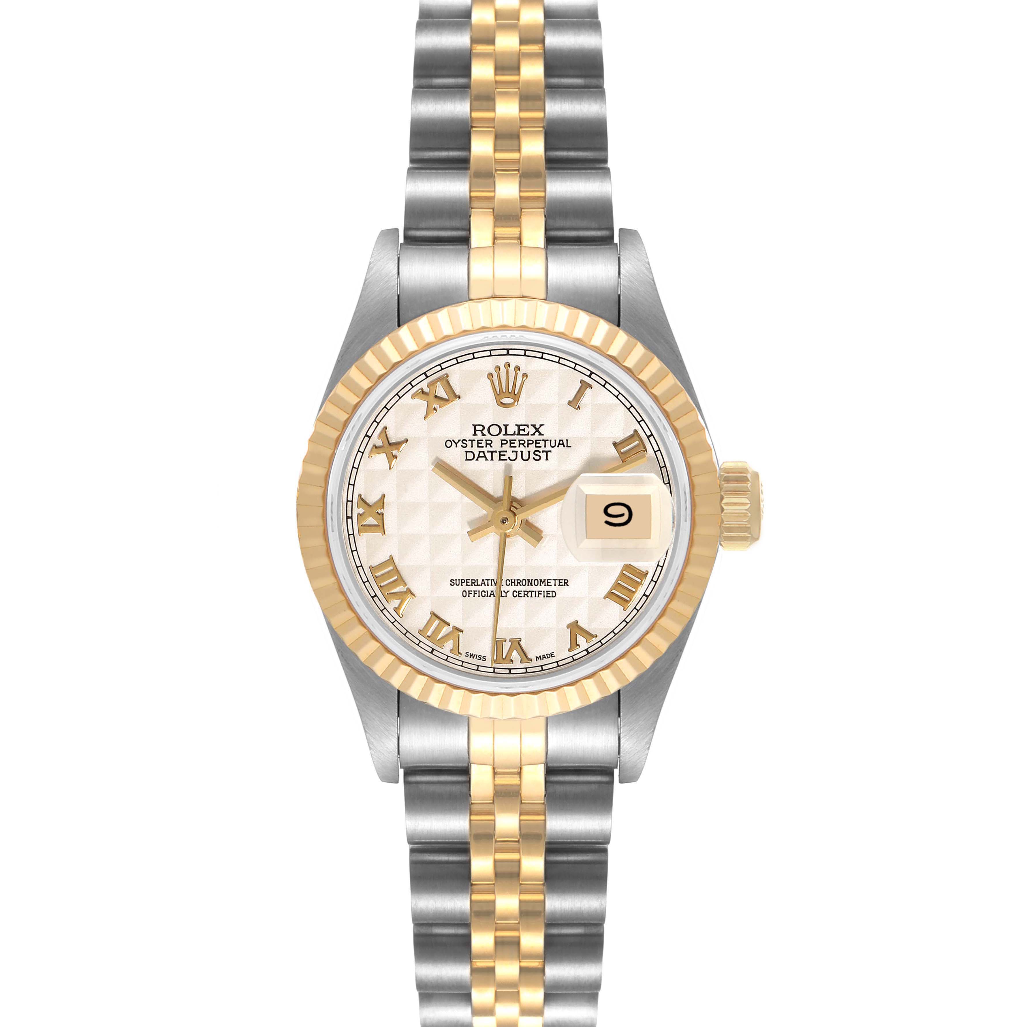 This image shows a frontal view of a Rolex Datejust 69173 Women's Steel and Gold (two tone) Beige Dial 69173 Women's Steel and Gold (two tone) Beige Dial watch with a two-tone bracelet and a fluted bezel.