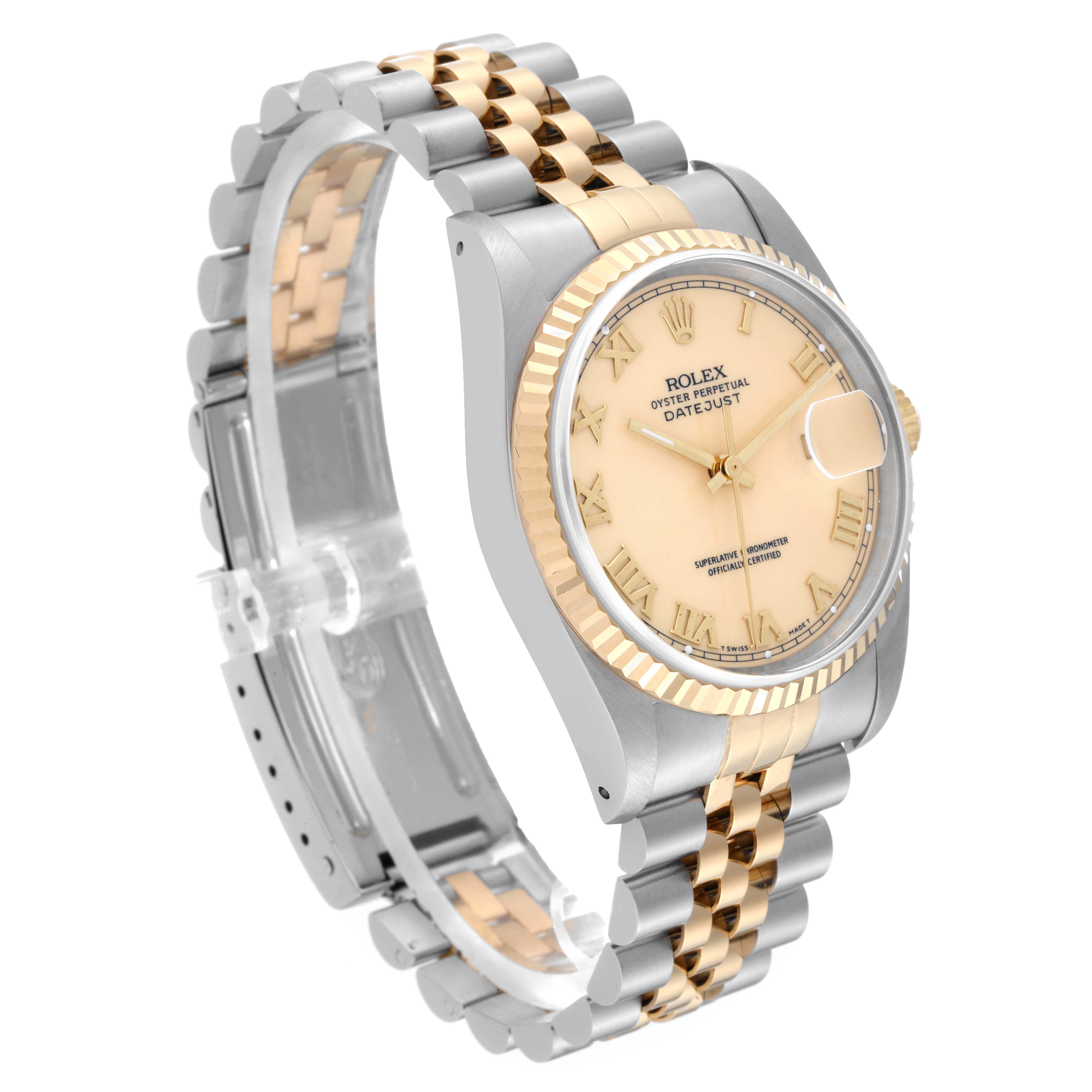 This image shows a Rolex Datejust 16233 Men's Steel and Gold (two tone) Beige Dial 16233 Men's Steel and Gold (two tone) Beige Dial watch viewed from an angle that displays its face, bezel, and two-tone Jubilee bracelet.