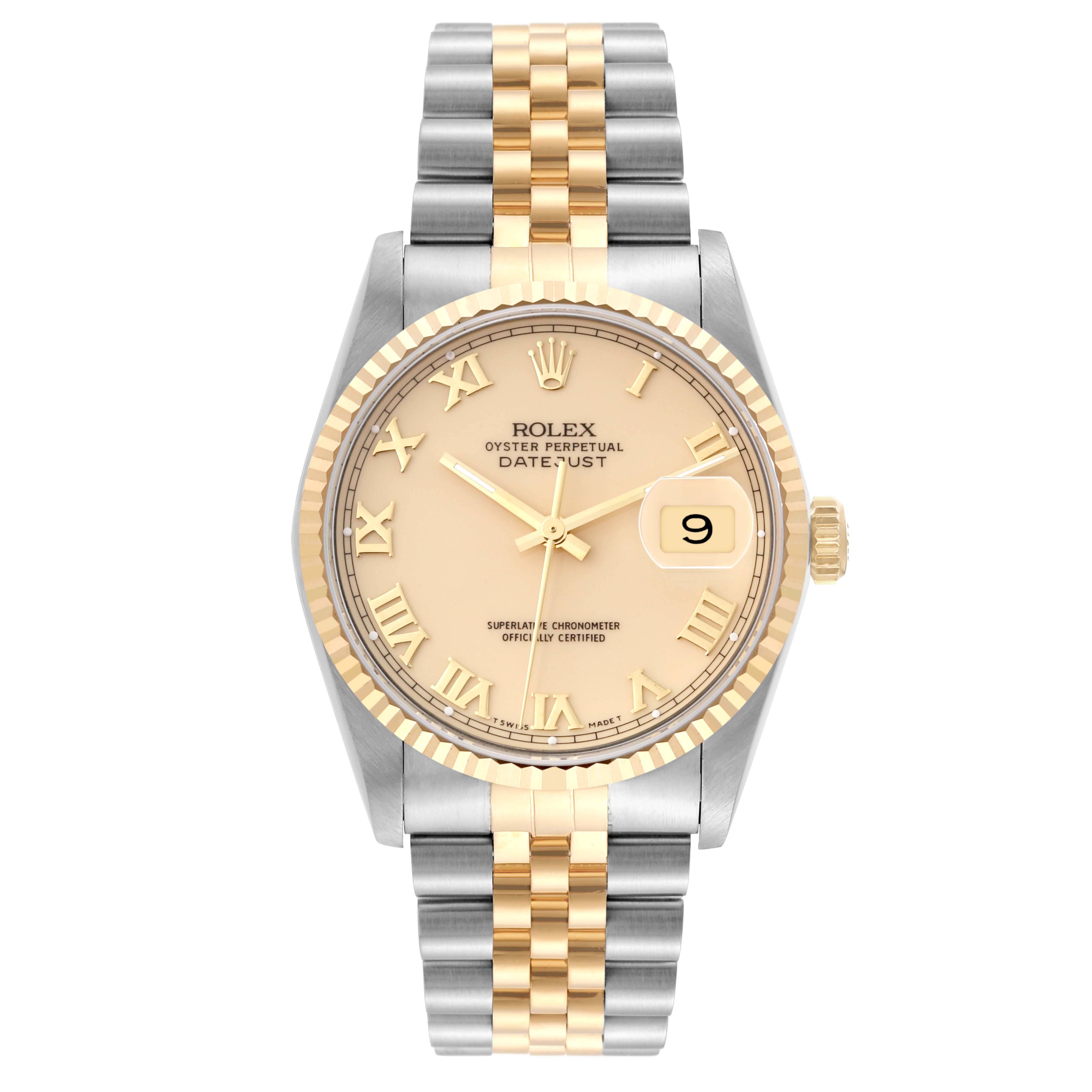 The image shows a Rolex Datejust 16233 Men's Steel and Gold (two tone) Beige Dial 16233 Men's Steel and Gold (two tone) Beige Dial model, featuring the dial, bezel, crown, and bracelet in a top-down angle.