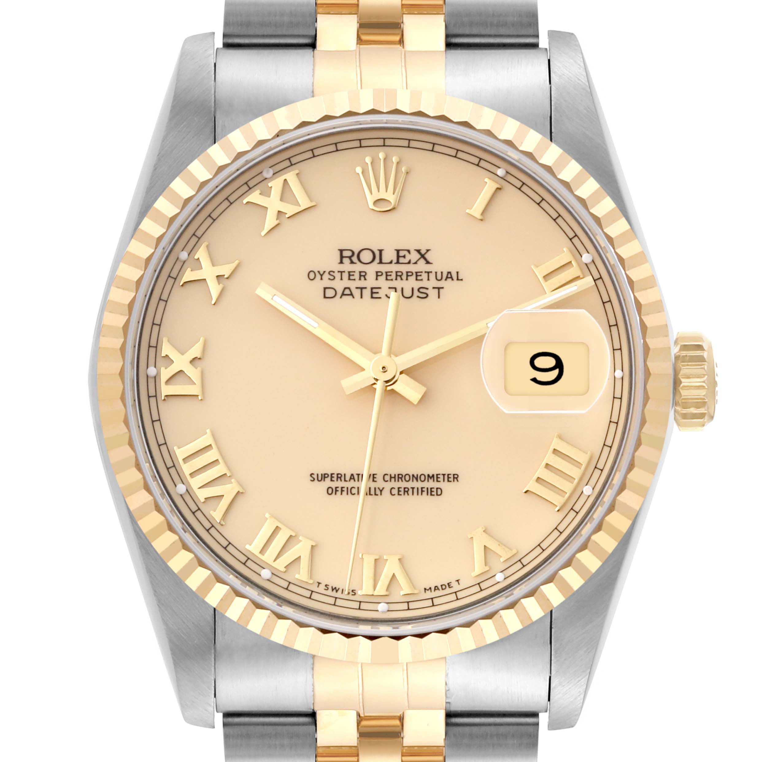 This is a close-up view of the face, bezel, and part of the bracelet of a Rolex Datejust 16233 Men's Steel and Gold (two tone) Beige Dial 16233 Men's Steel and Gold (two tone) Beige Dial watch.