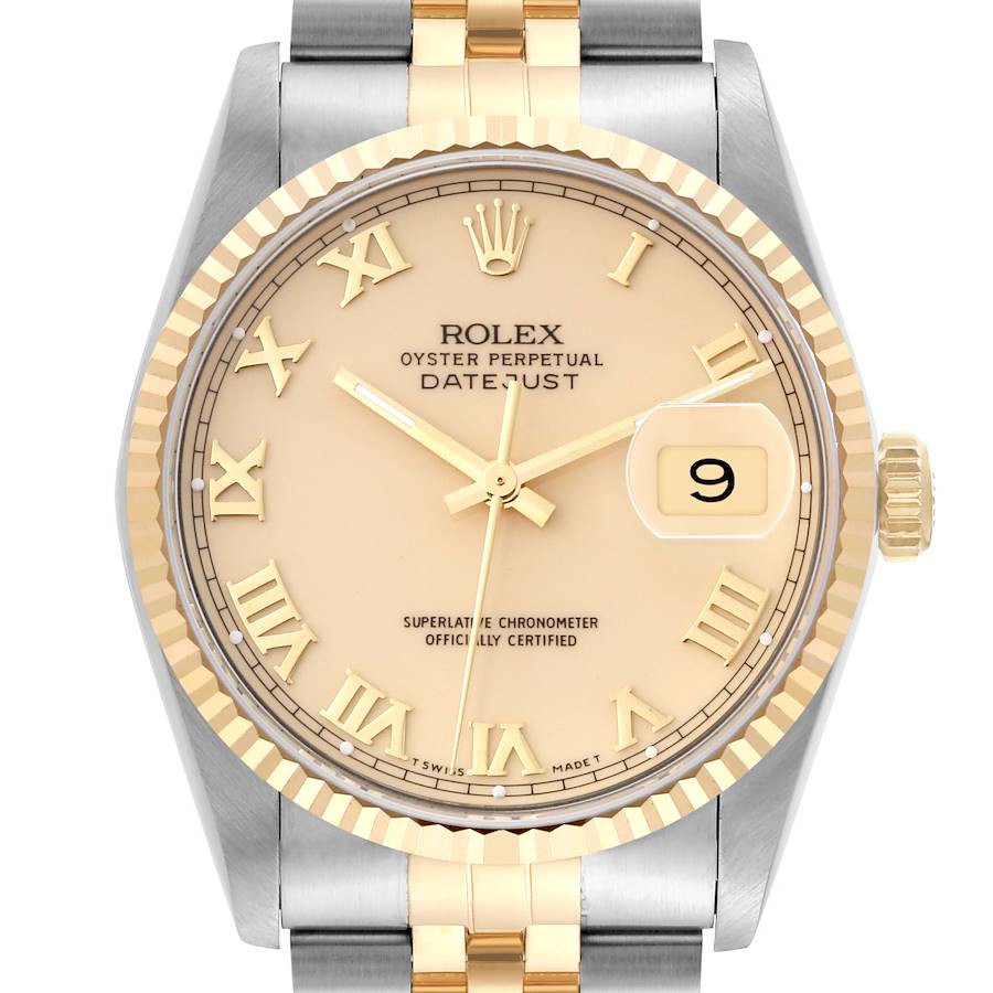 Rolex Datejust Steel Yellow Gold Ivory Roman Dial Mens Watch 16233 SwissWatchExpo