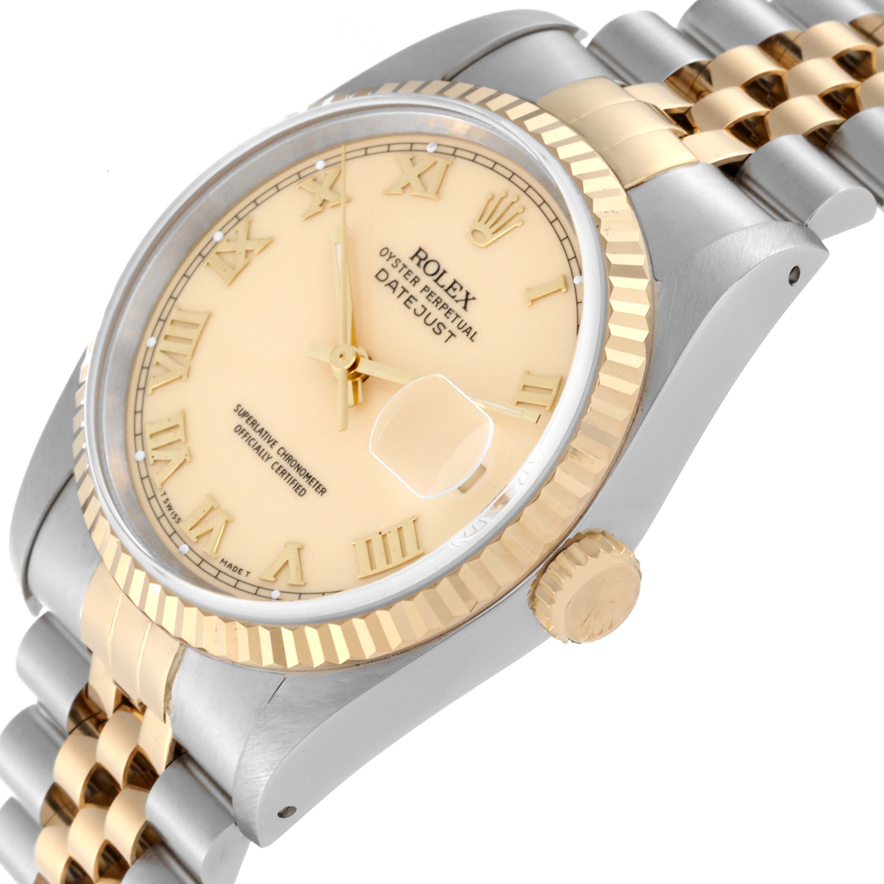 This image shows a Rolex Datejust 16233 Men's Steel and Gold (two tone) Beige Dial 16233 Men's Steel and Gold (two tone) Beige Dial watch at an angle highlighting the dial, bezel, crown, and part of the bracelet.