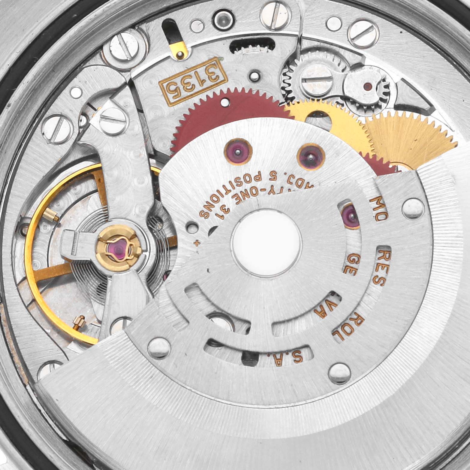 This image shows a close-up view of the inner mechanical movement of a Rolex Datejust 16233 Men's Steel and Gold (two tone) Beige Dial 16233 Men's Steel and Gold (two tone) Beige Dial watch.
