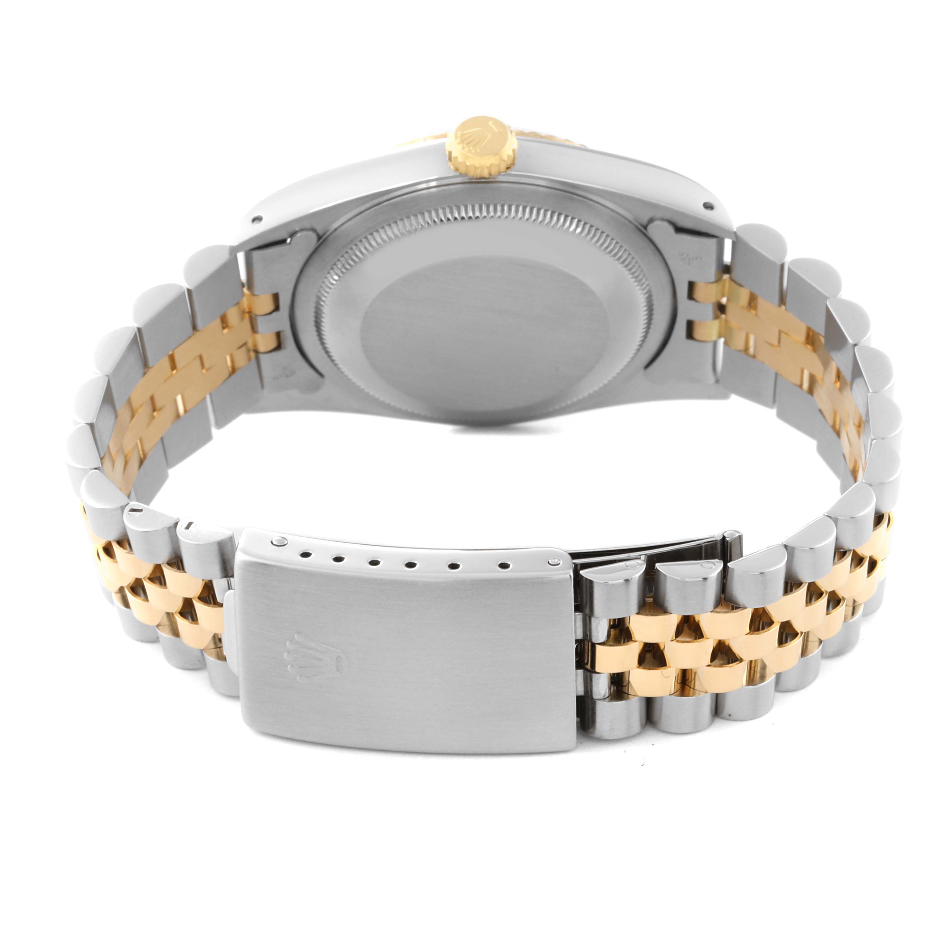 The image shows the case back, crown, and bracelet clasp of a Rolex Datejust 16233 Men's Steel and Gold (two tone) Beige Dial 16233 Men's Steel and Gold (two tone) Beige Dial watch, in a rear view angle.
