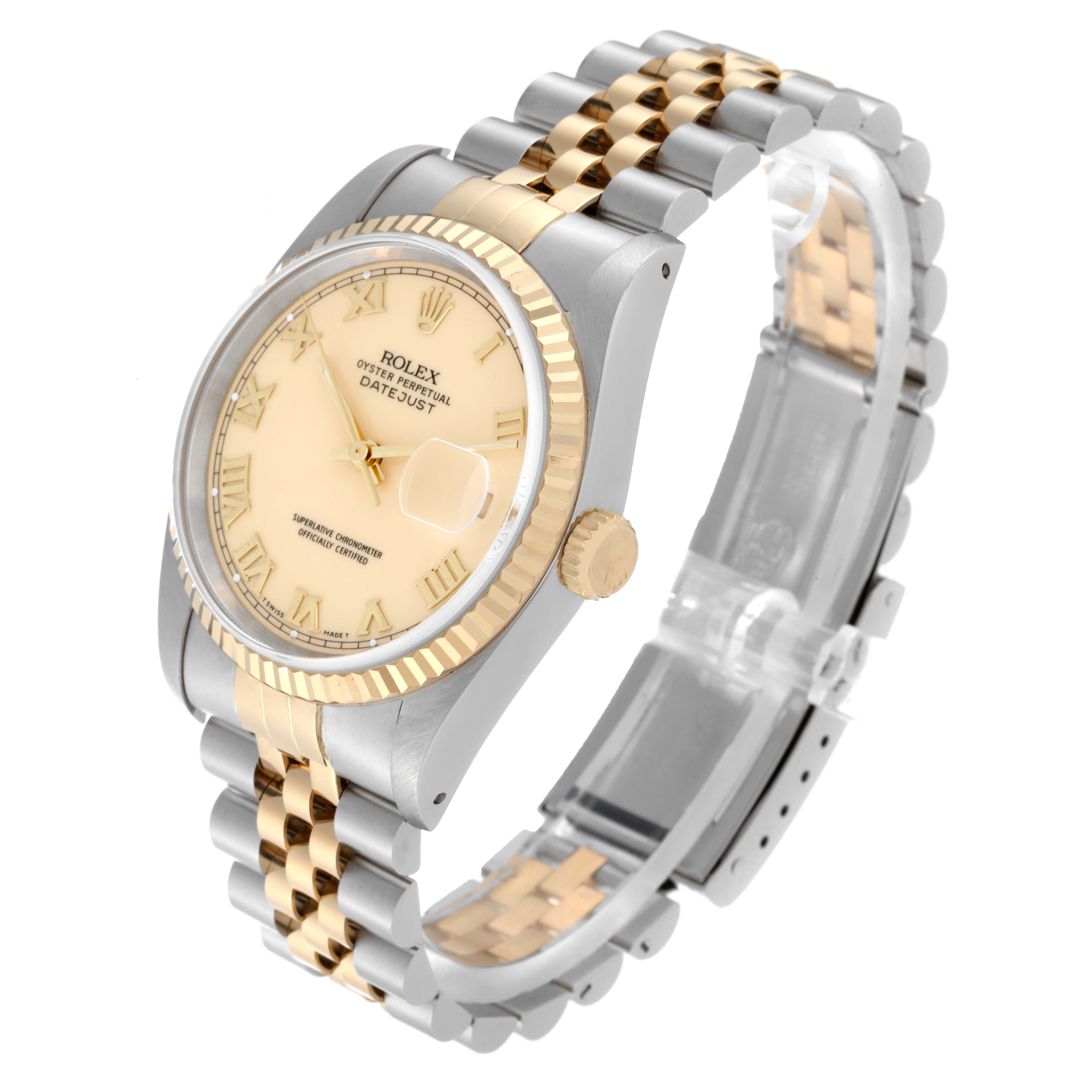 The Rolex Datejust 16233 Men's Steel and Gold (two tone) Beige Dial 16233 Men's Steel and Gold (two tone) Beige Dial watch is shown from an angled side view, highlighting the face, bezel, crown, and two-tone bracelet.