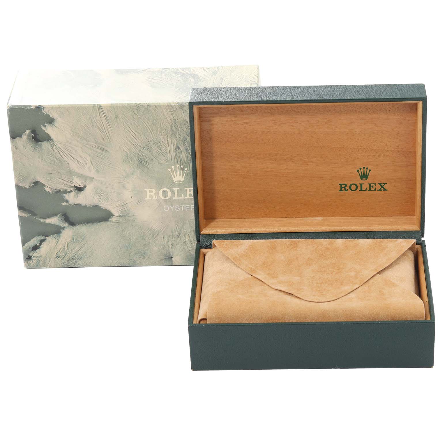 The image shows the opened packaging box for a Rolex Datejust 16233 Men's Steel and Gold (two tone) Beige Dial 16233 Men's Steel and Gold (two tone) Beige Dial model watch, displaying the inner lining and protective covering.