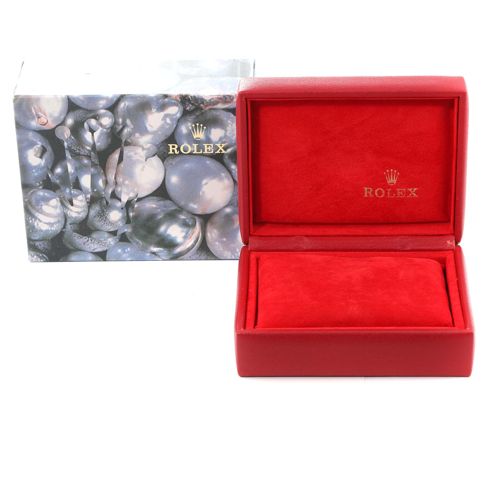 The image shows an empty red Rolex Datejust 69173 Women's Steel and Gold (two tone) Mother of Pearl Dial 69173 Women's Steel and Gold (two tone) Mother of Pearl Dial watch box and its outer decorative casing.