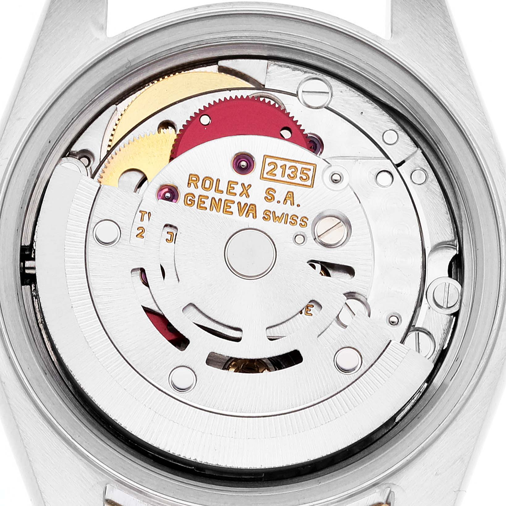 The image shows the movement mechanism of a Rolex Datejust 69173 Women's Steel and Gold (two tone) Mother of Pearl Dial 69173 Women's Steel and Gold (two tone) Mother of Pearl Dial watch viewed from the back.