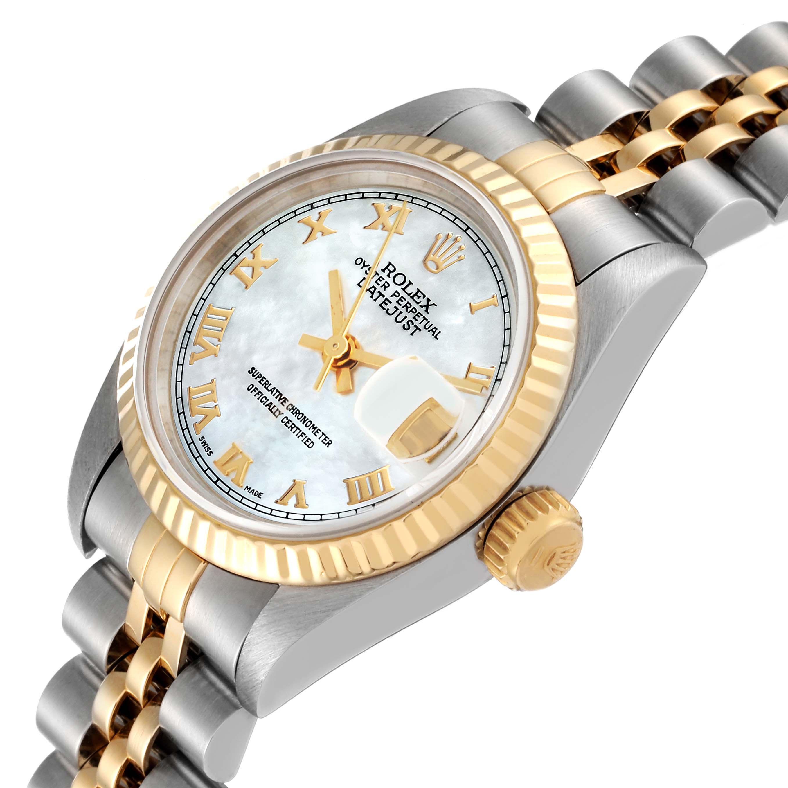 The image shows a Rolex Datejust 69173 Women's Steel and Gold (two tone) Mother of Pearl Dial 69173 Women's Steel and Gold (two tone) Mother of Pearl Dial watch at an angled view, highlighting the dial, bezel, crown, and part of the bracelet.