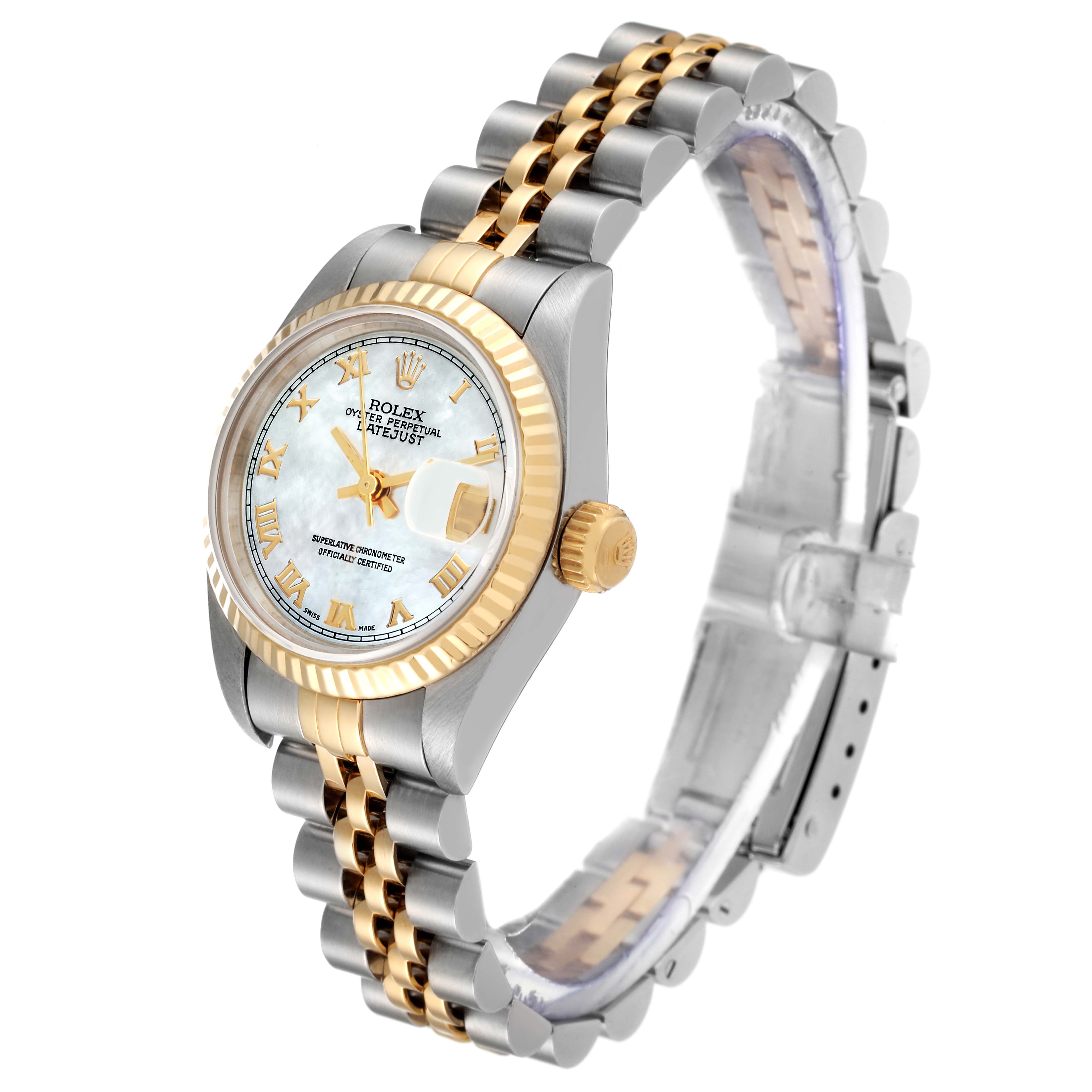 The image shows a Rolex Datejust 69173 Women's Steel and Gold (two tone) Mother of Pearl Dial 69173 Women's Steel and Gold (two tone) Mother of Pearl Dial watch from a front-side angle, featuring its dial, bezel, crown, and bracelet.