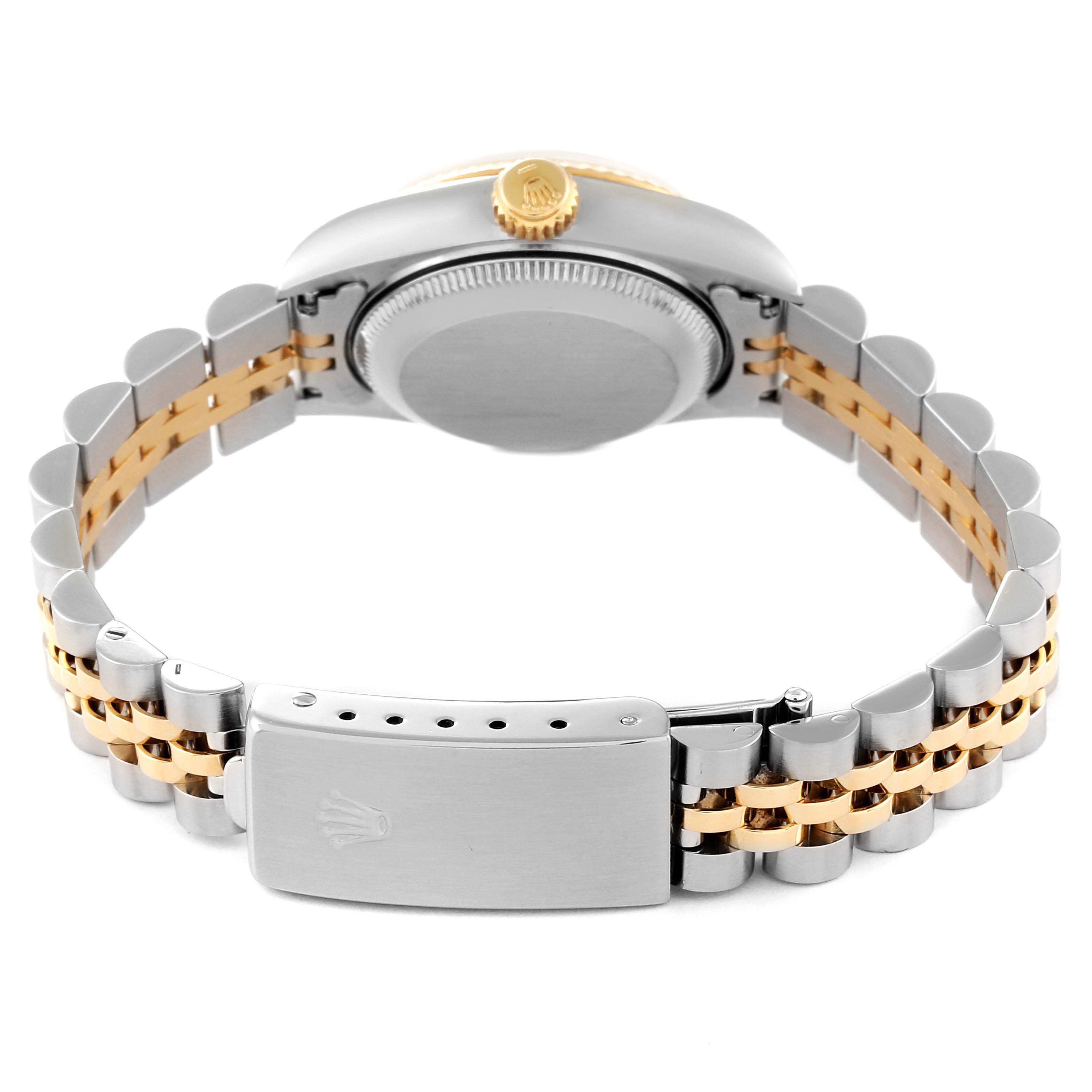 The image shows the back, clasp, and bracelet of a Rolex Datejust 69173 Women's Steel and Gold (two tone) Mother of Pearl Dial 69173 Women's Steel and Gold (two tone) Mother of Pearl Dial watch, highlighting its two-tone metal design.