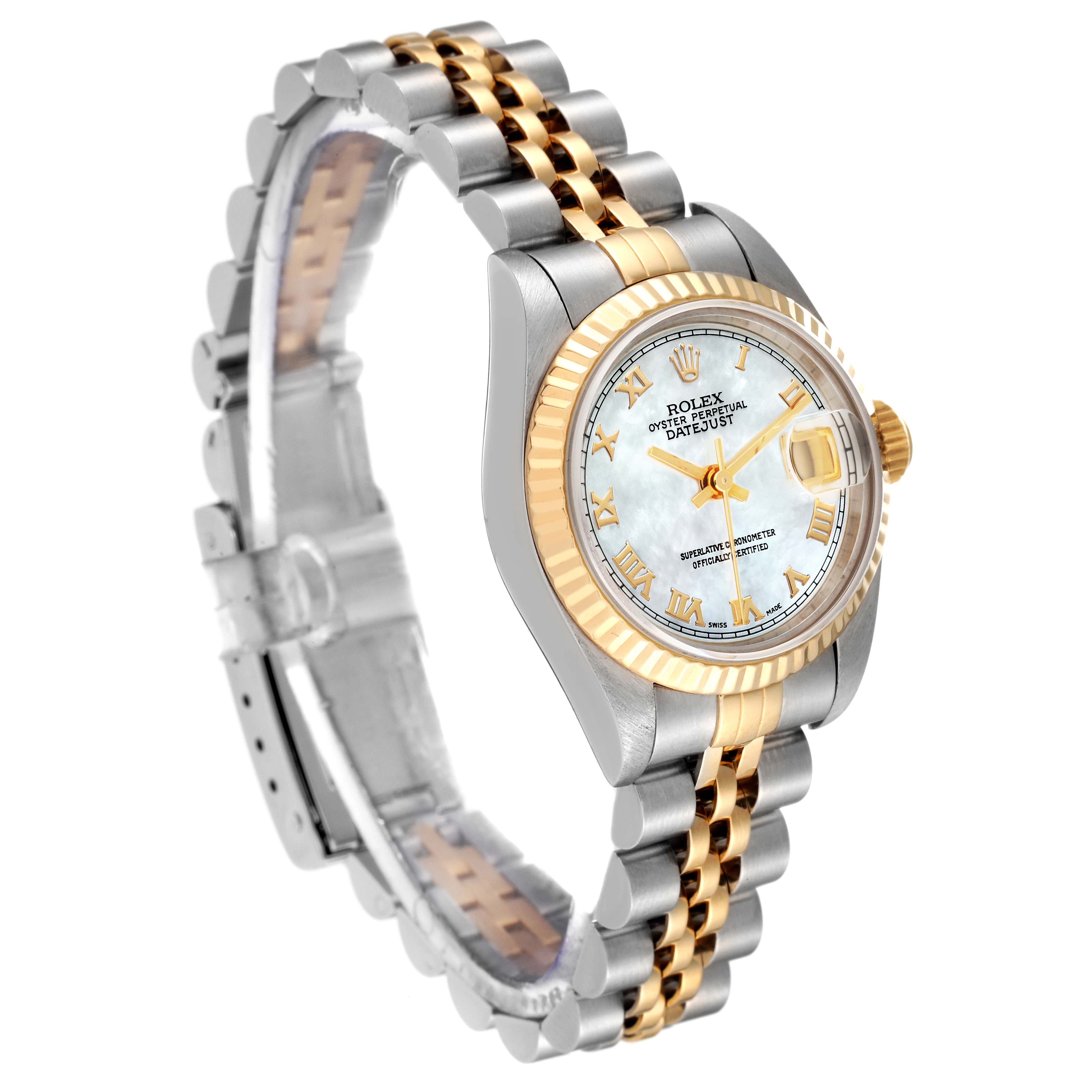 The image shows a Rolex Datejust 69173 Women's Steel and Gold (two tone) Mother of Pearl Dial 69173 Women's Steel and Gold (two tone) Mother of Pearl Dial watch from a side angle displaying its two-tone bracelet, fluted bezel, and dial with date window.