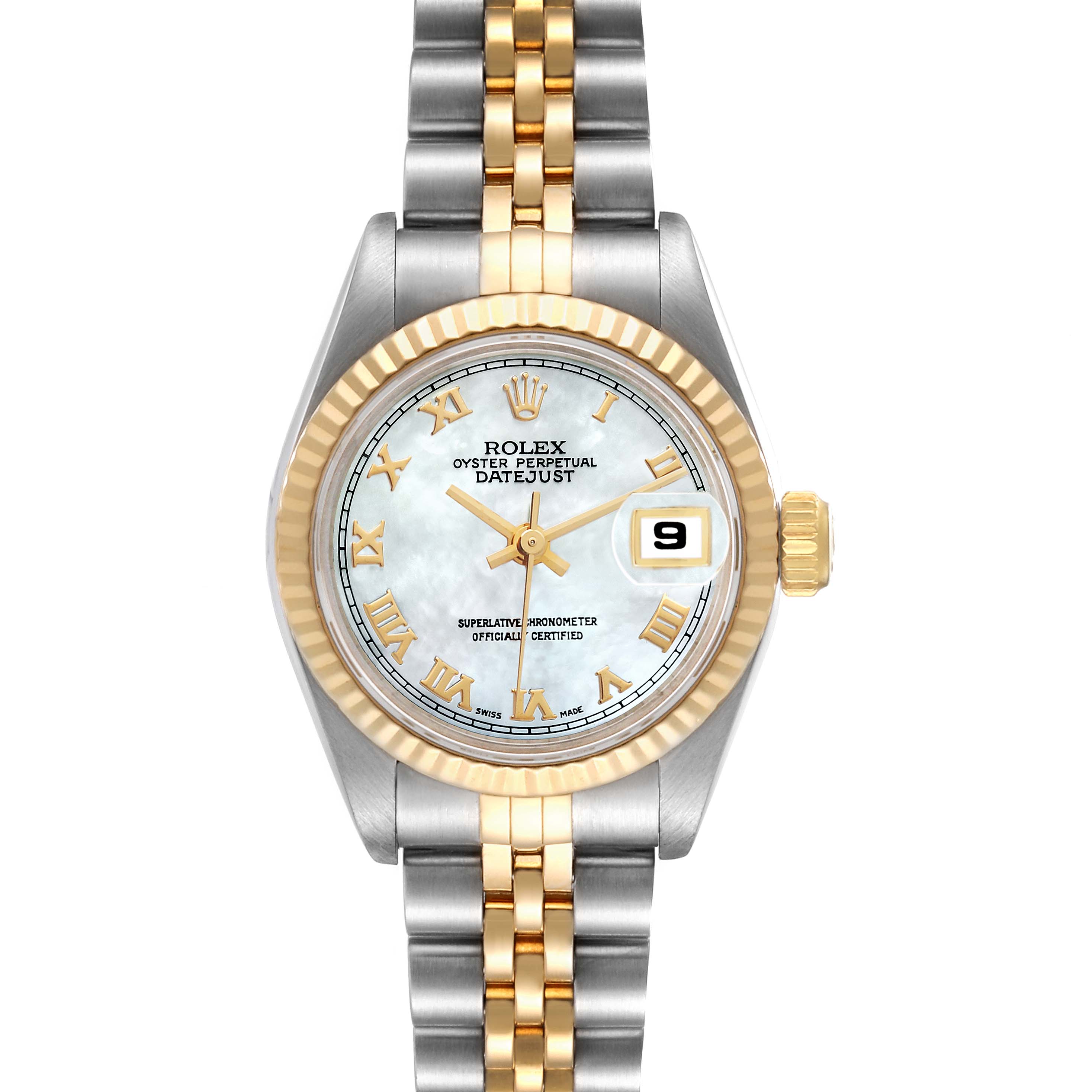 The image shows a front view of the Rolex Datejust 69173 Women's Steel and Gold (two tone) Mother of Pearl Dial 69173 Women's Steel and Gold (two tone) Mother of Pearl Dial watch, highlighting its dial, bezel, crown, and two-tone bracelet.