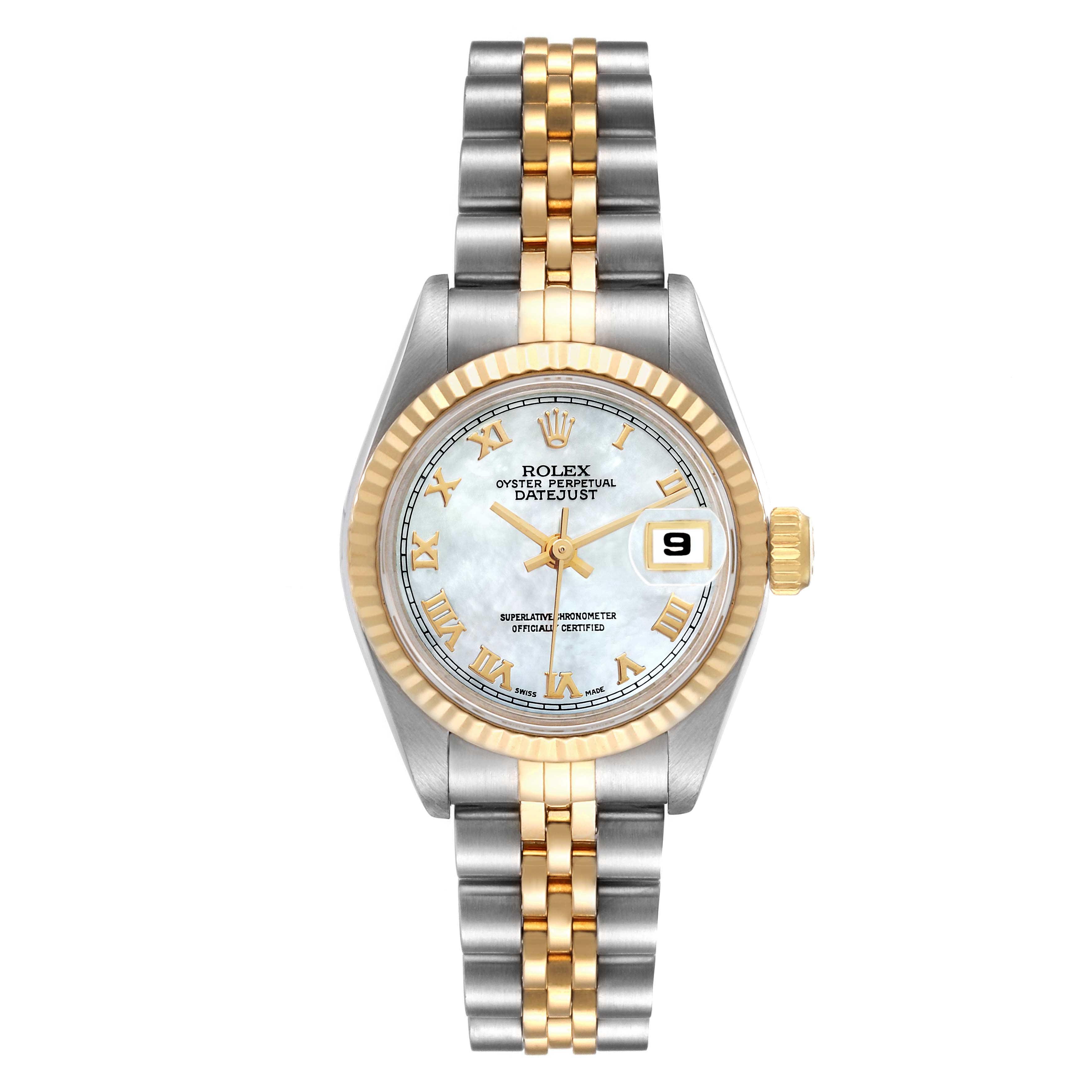 The image shows a Rolex Datejust 69173 Women's Steel and Gold (two tone) Mother of Pearl Dial 69173 Women's Steel and Gold (two tone) Mother of Pearl Dial watch from a top-down angle, featuring a two-tone bracelet and a date display at 3 o'clock.