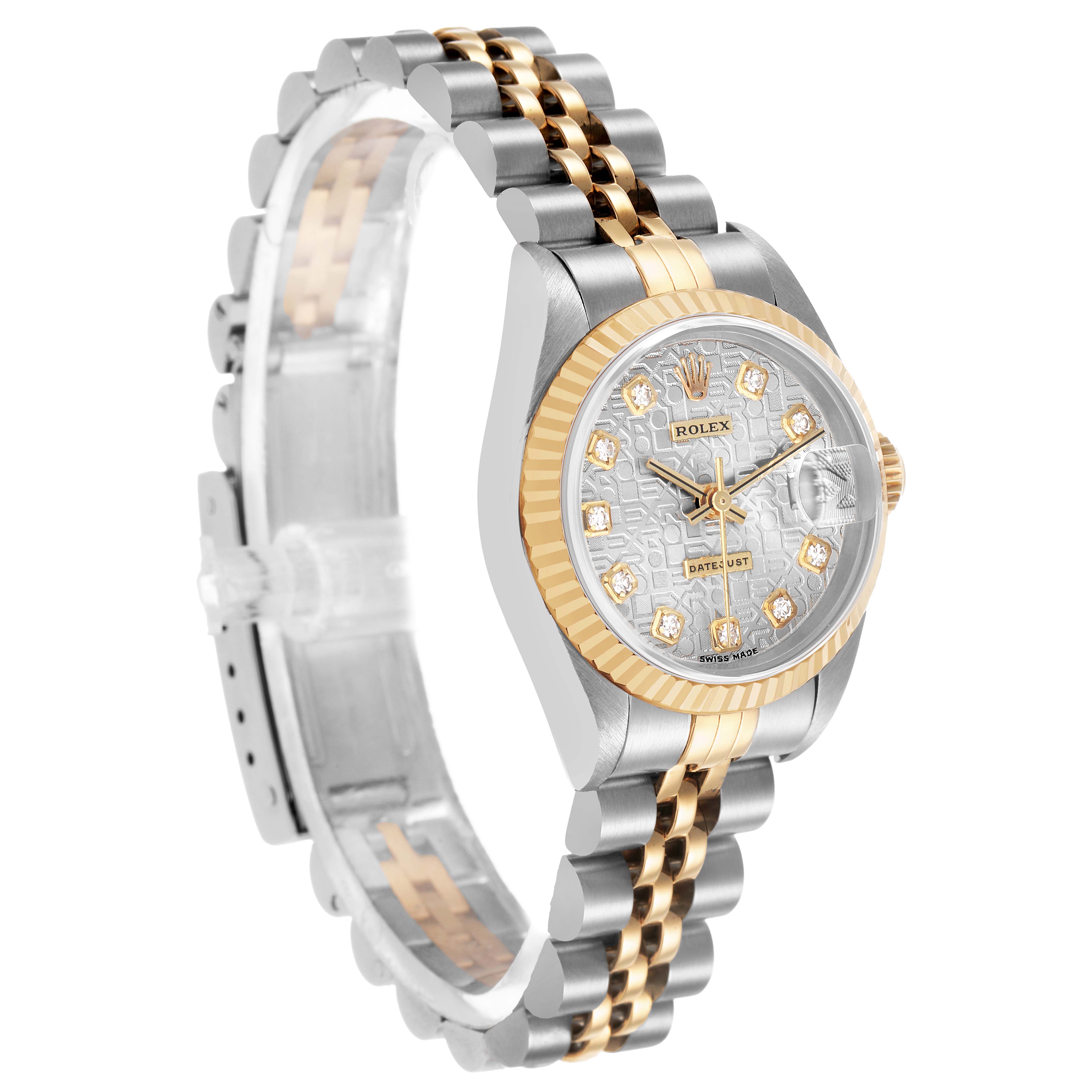 The Rolex Datejust 69173 Women's Steel and Gold (two tone) Silver Dial watch is shown from a three-quarter view, highlighting its bezel, dial, and Jubilee bracelet.