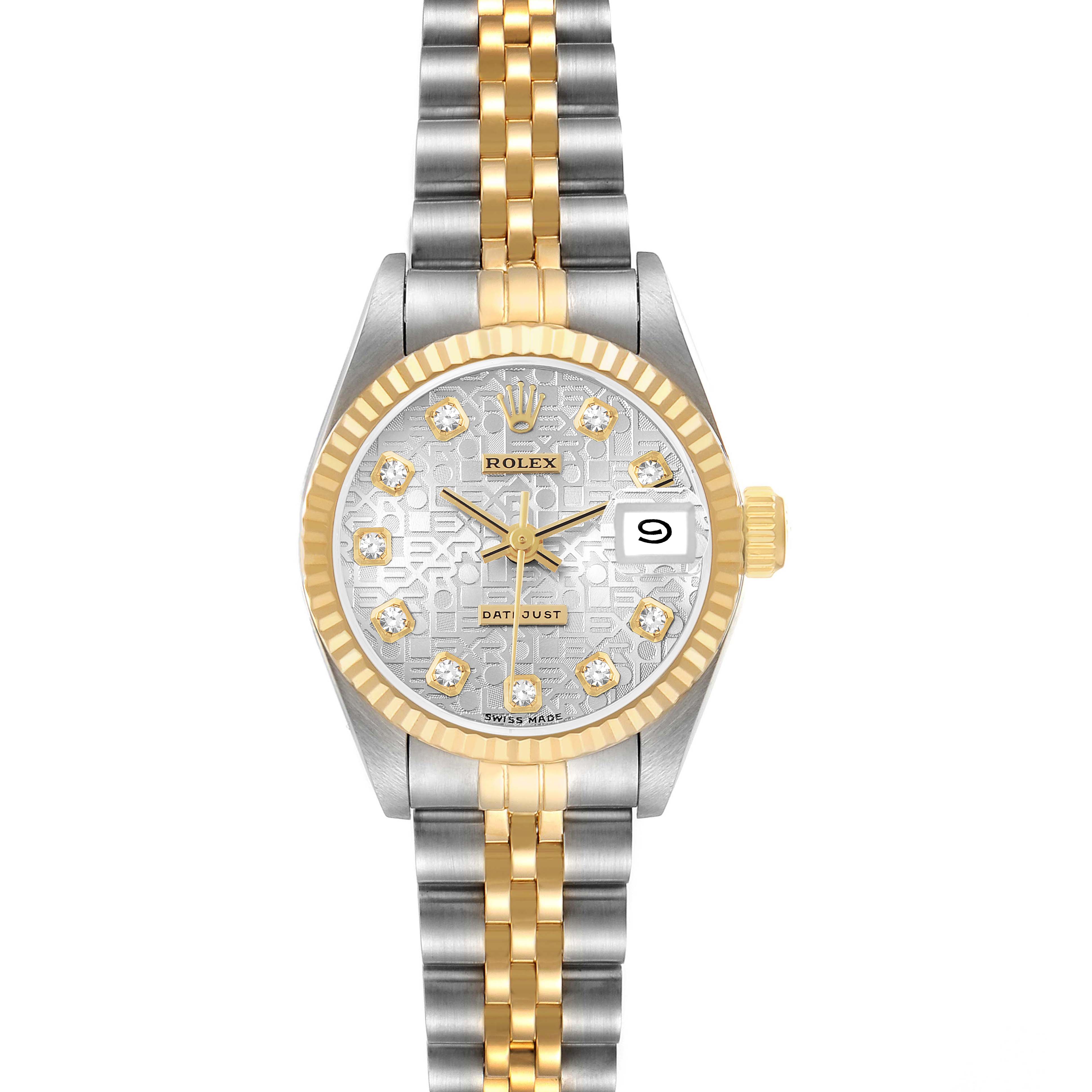 The Rolex Datejust 69173 Women's Steel and Gold (two tone) Silver Dial watch is shown from a top-down angle, highlighting the dial, bracelet, bezel, and crown.