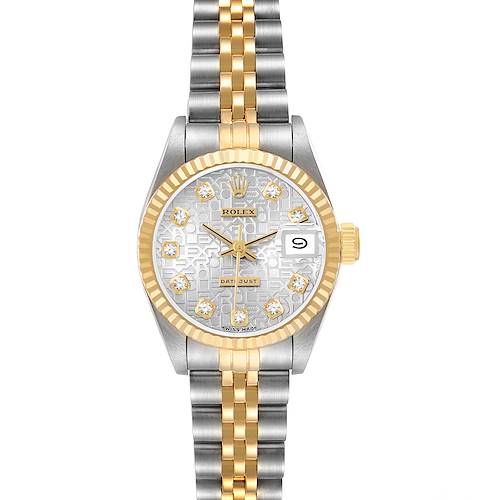 The Rolex Datejust 69173 Women's Steel and Gold (two tone) Silver Dial watch is shown from a top-down angle, displaying its gold and silver bracelet, bezel, and diamond-accented dial.