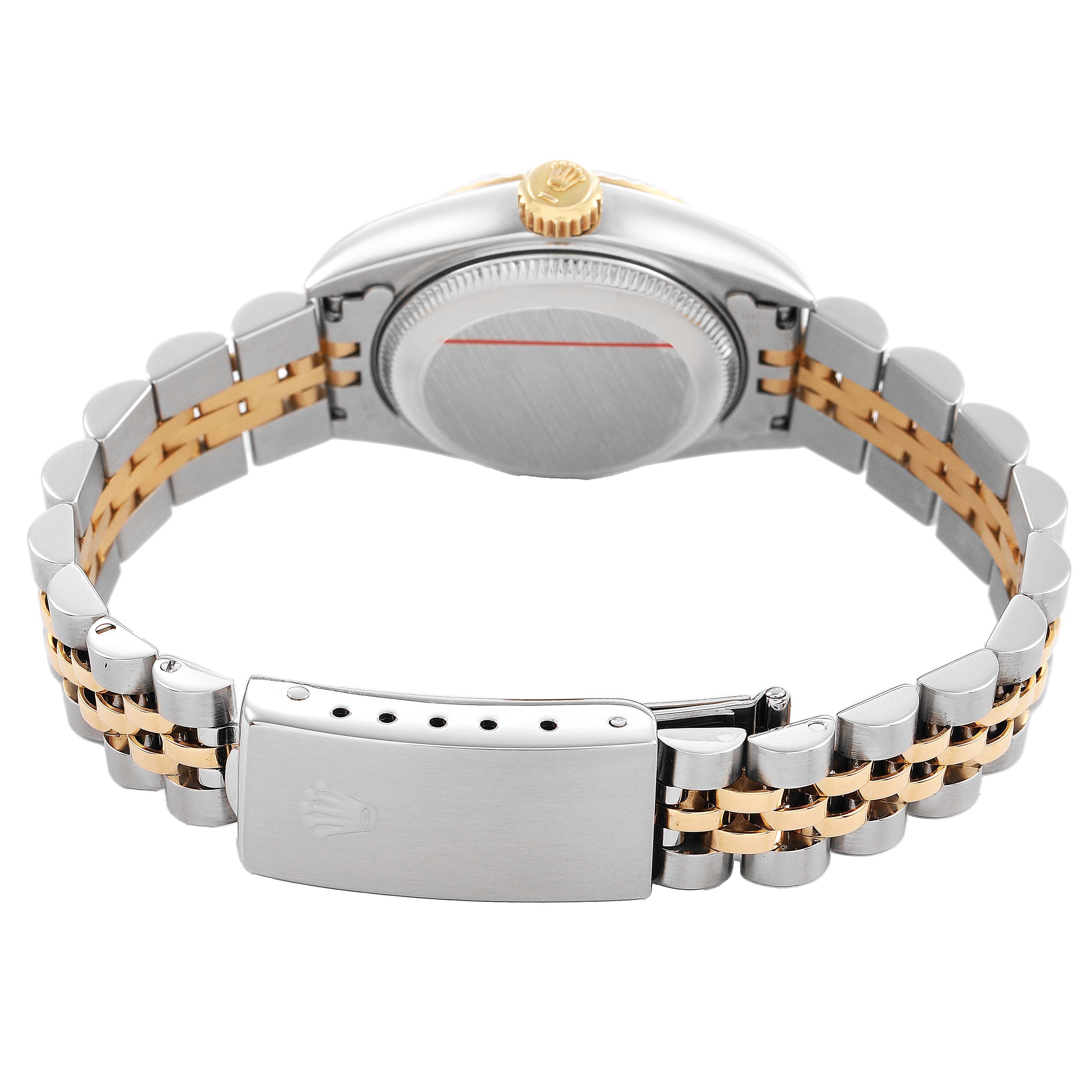 The image shows the back of the Rolex Datejust 69173 Women's Steel and Gold (two tone) Silver Dial, highlighting the case back, crown, and two-tone Jubilee bracelet with clasp.