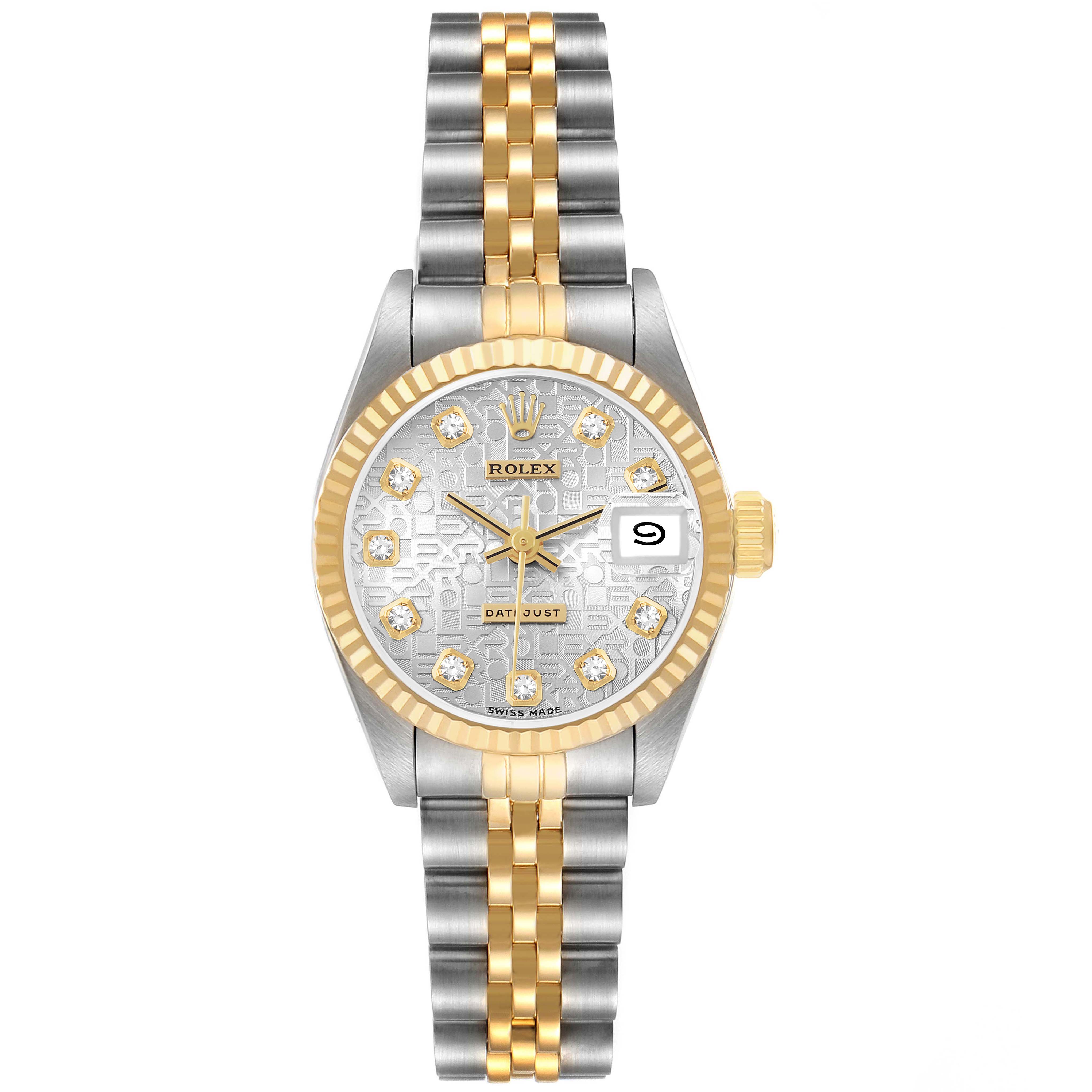 The Rolex Datejust 69173 Women's Steel and Gold (two tone) Silver Dial watch is shown from the front, displaying its dial, bezel, crown, and two-tone bracelet.