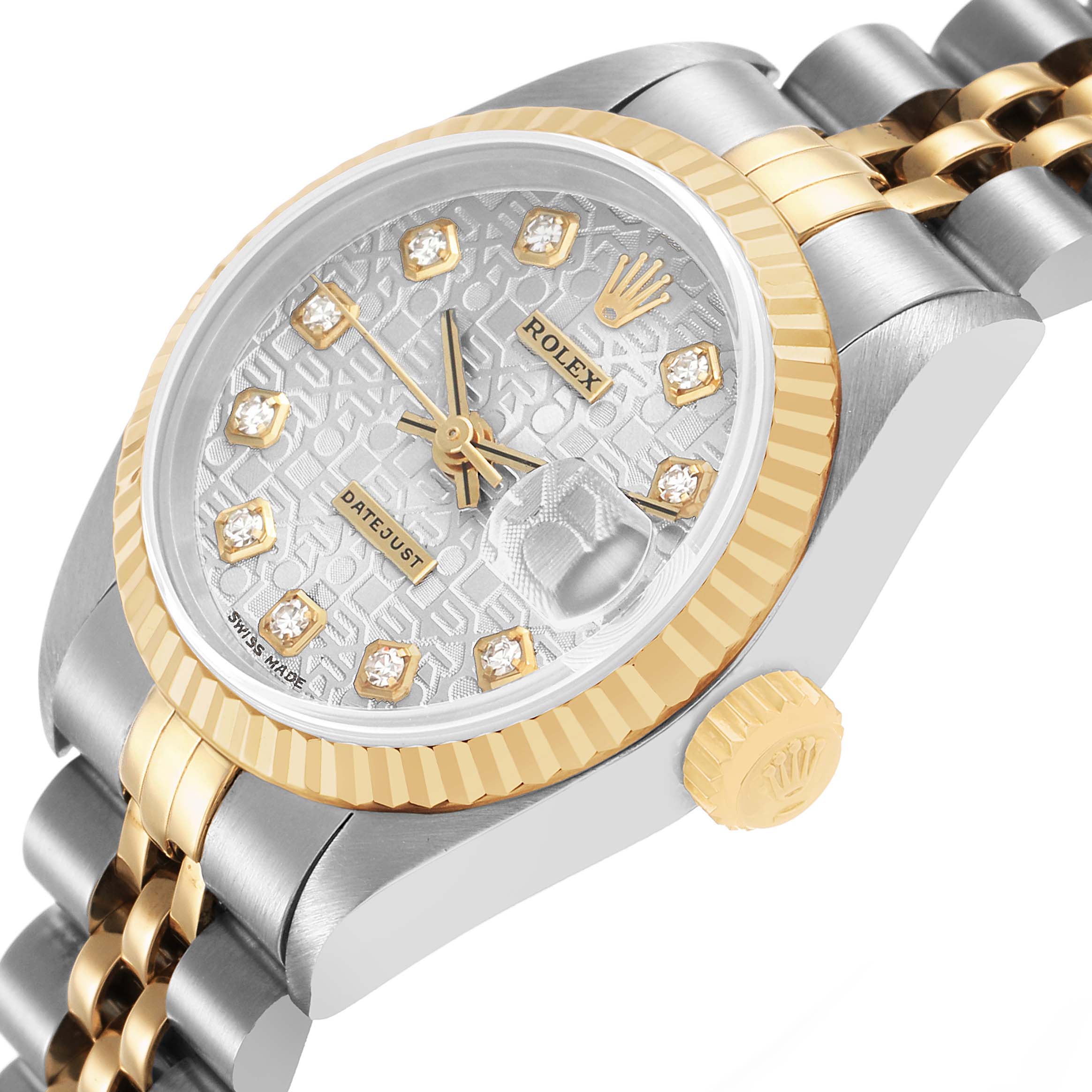 The image shows a side angle of a Rolex Datejust 69173 Women's Steel and Gold (two tone) Silver Dial watch, displaying the dial, fluted bezel, crown, and part of the bracelet.