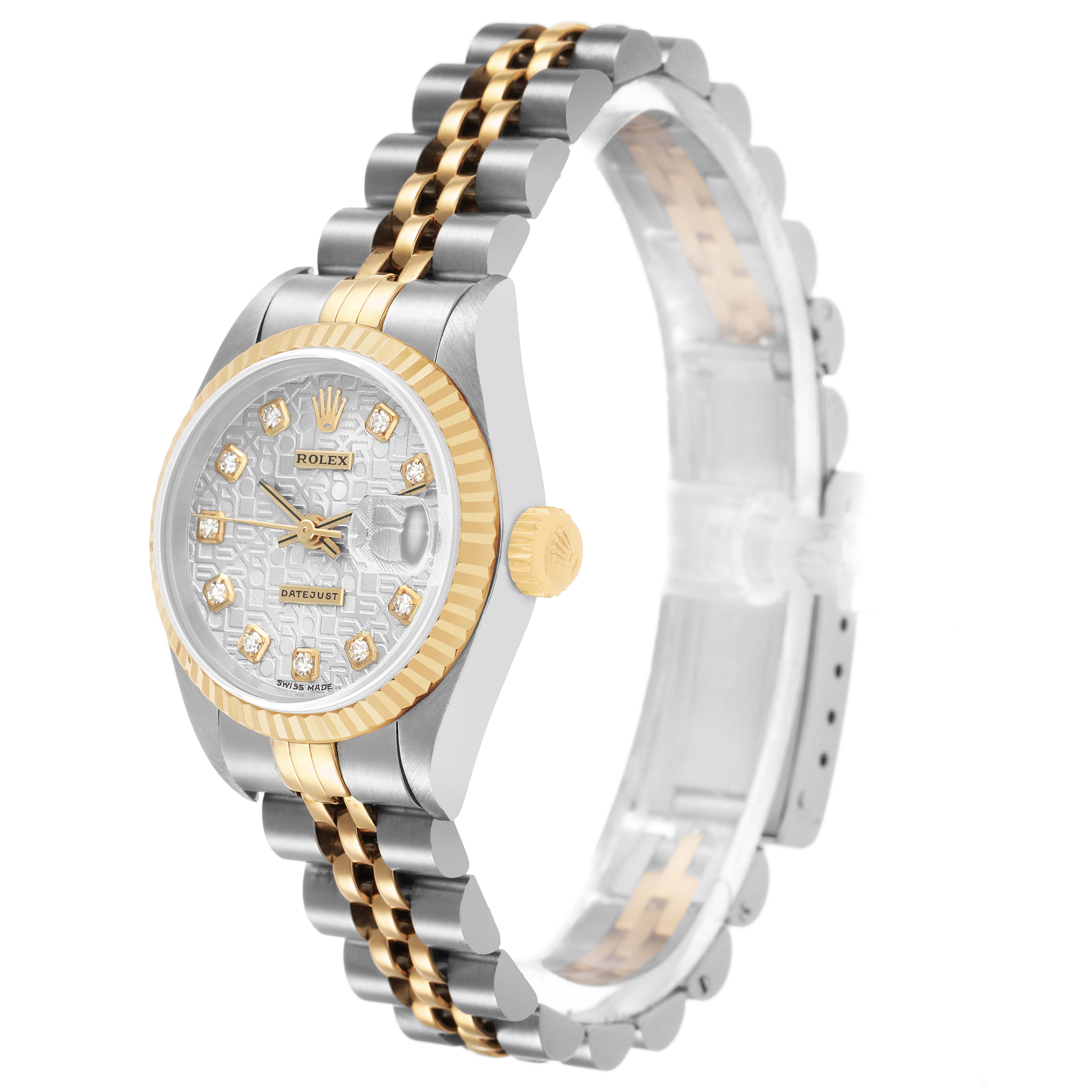 The Rolex Datejust 69173 Women's Steel and Gold (two tone) Silver Dial watch is shown at a side angle, displaying the face, bezel, crown, and two-tone bracelet.