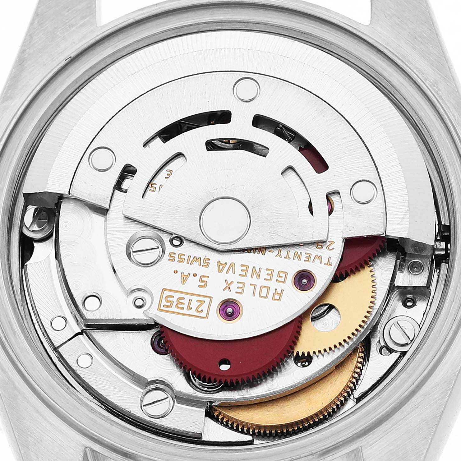 The image shows the movement of a Rolex Datejust 69173 Women's Steel and Gold (two tone) Silver Dial watch from a top-down angle, revealing its intricate inner components.