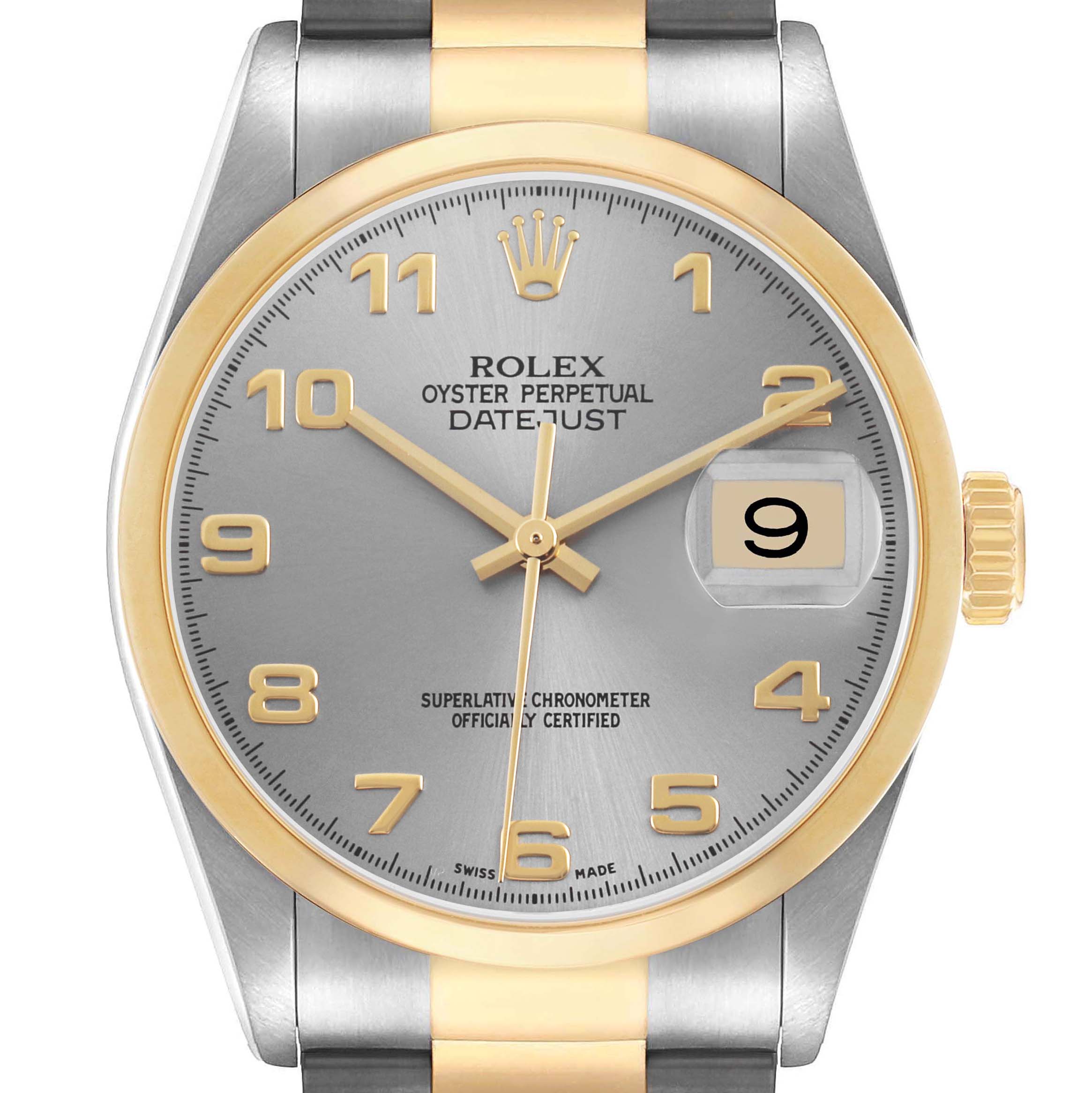 The Rolex Datejust 16203 Men's Steel and Gold (two tone) Silver Dial watch is shown from the front, highlighting the dial, bezel, crown, and part of the bracelet.