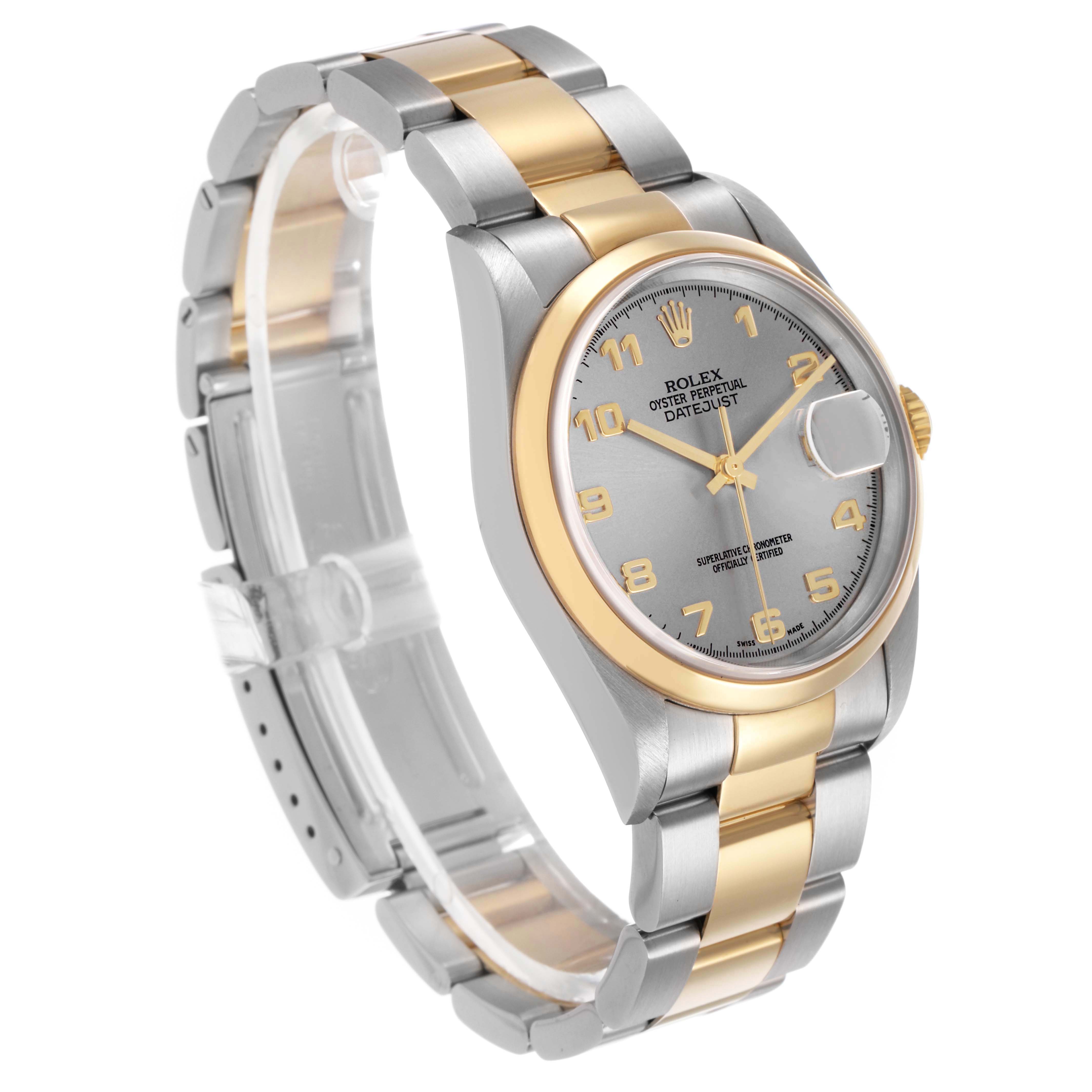 This Rolex Datejust 16203 Men's Steel and Gold (two tone) Silver Dial is shown at an angle displaying the face, bezel, bracelet, and crown.