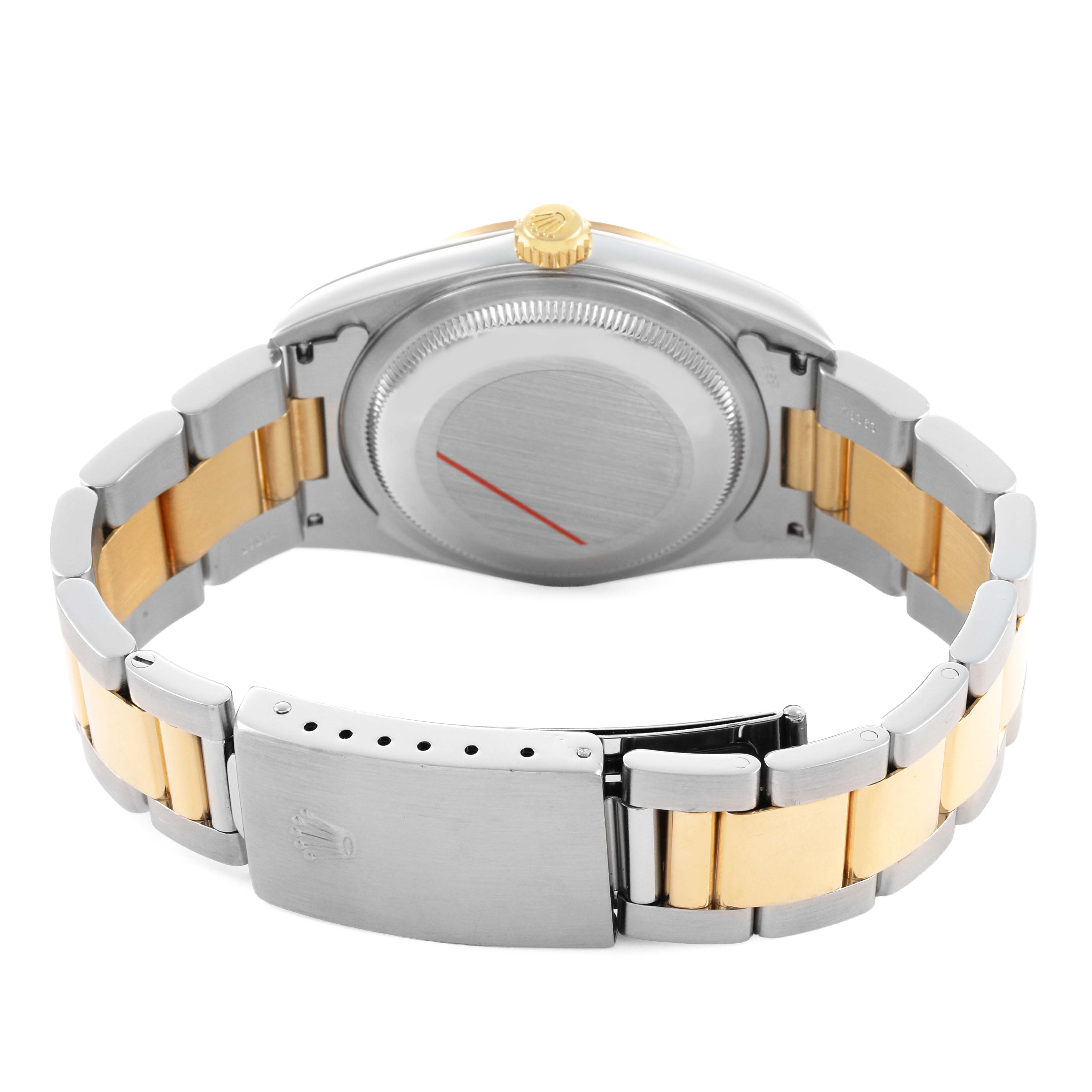 The Rolex Datejust 16203 Men's Steel and Gold (two tone) Silver Dial watch is shown from the back, highlighting the case back, crown, and two-tone bracelet.