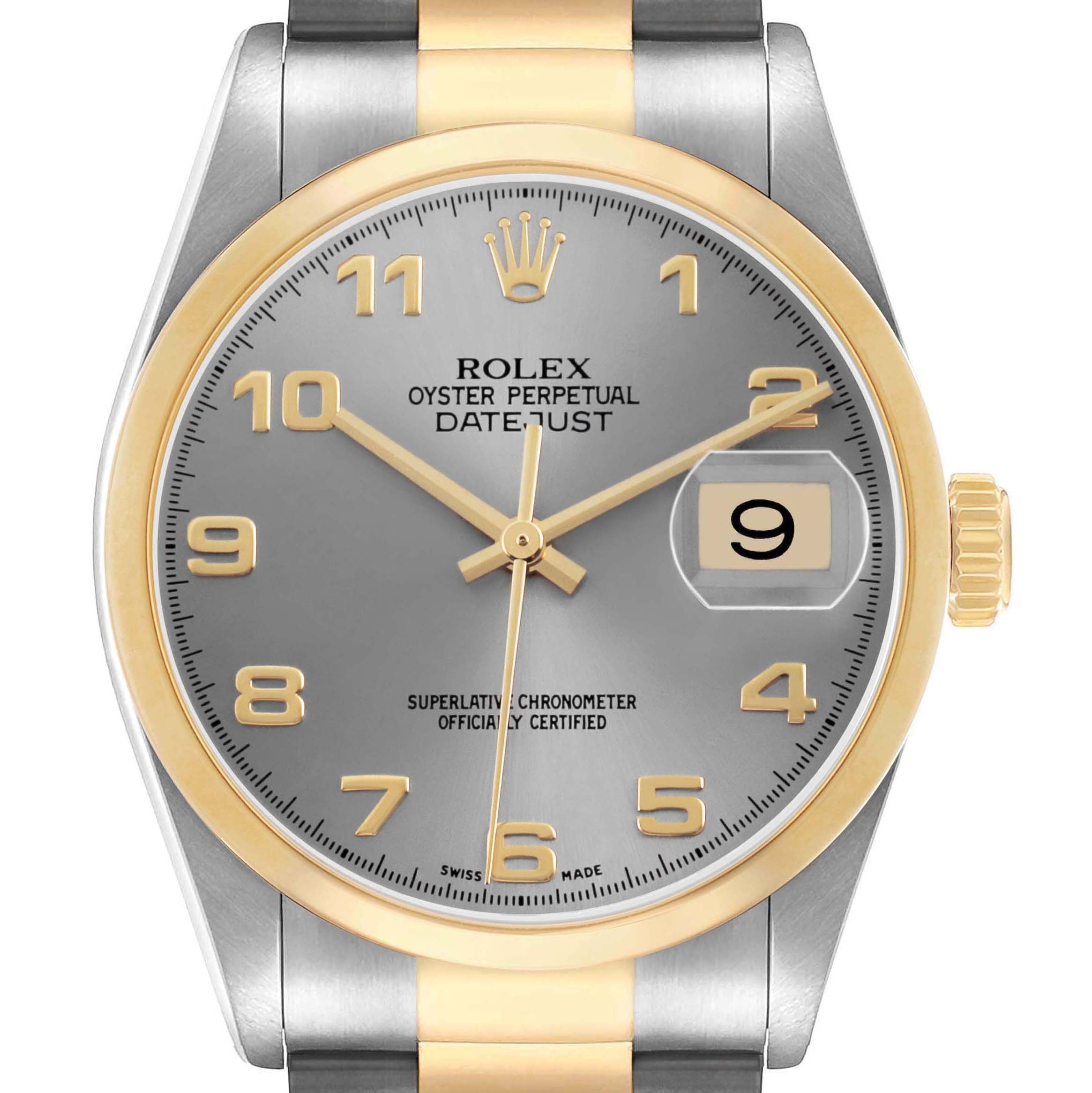 The Rolex Datejust 16203 Men's Steel and Gold (two tone) Silver Dial watch is shown from a front angle, highlighting the dial, hands, date window, and part of the bracelet.