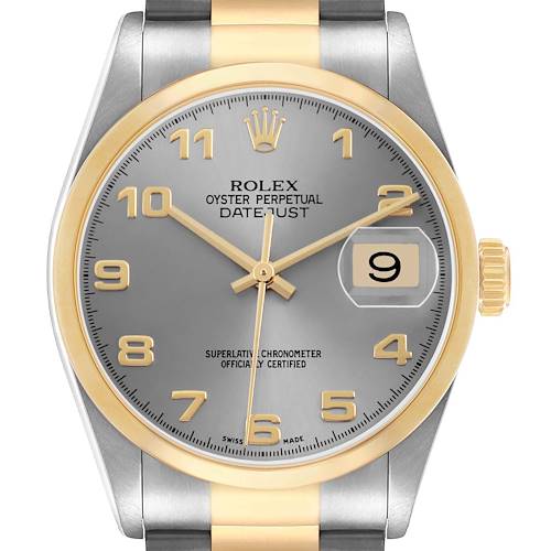 The Rolex Datejust 16203 Men's Steel and Gold (two tone) Silver Dial watch is shown from a front angle, highlighting the dial, bezel, crown, and part of the bracelet.