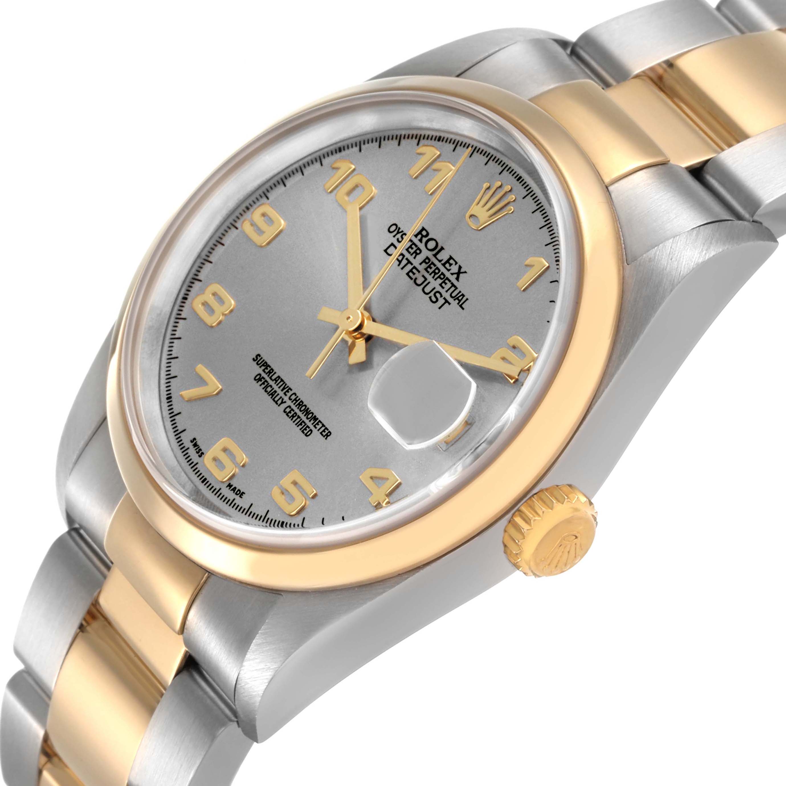 The Rolex Datejust 16203 Men's Steel and Gold (two tone) Silver Dial is shown at an angle highlighting the face, bezel, crown, and part of the bracelet.