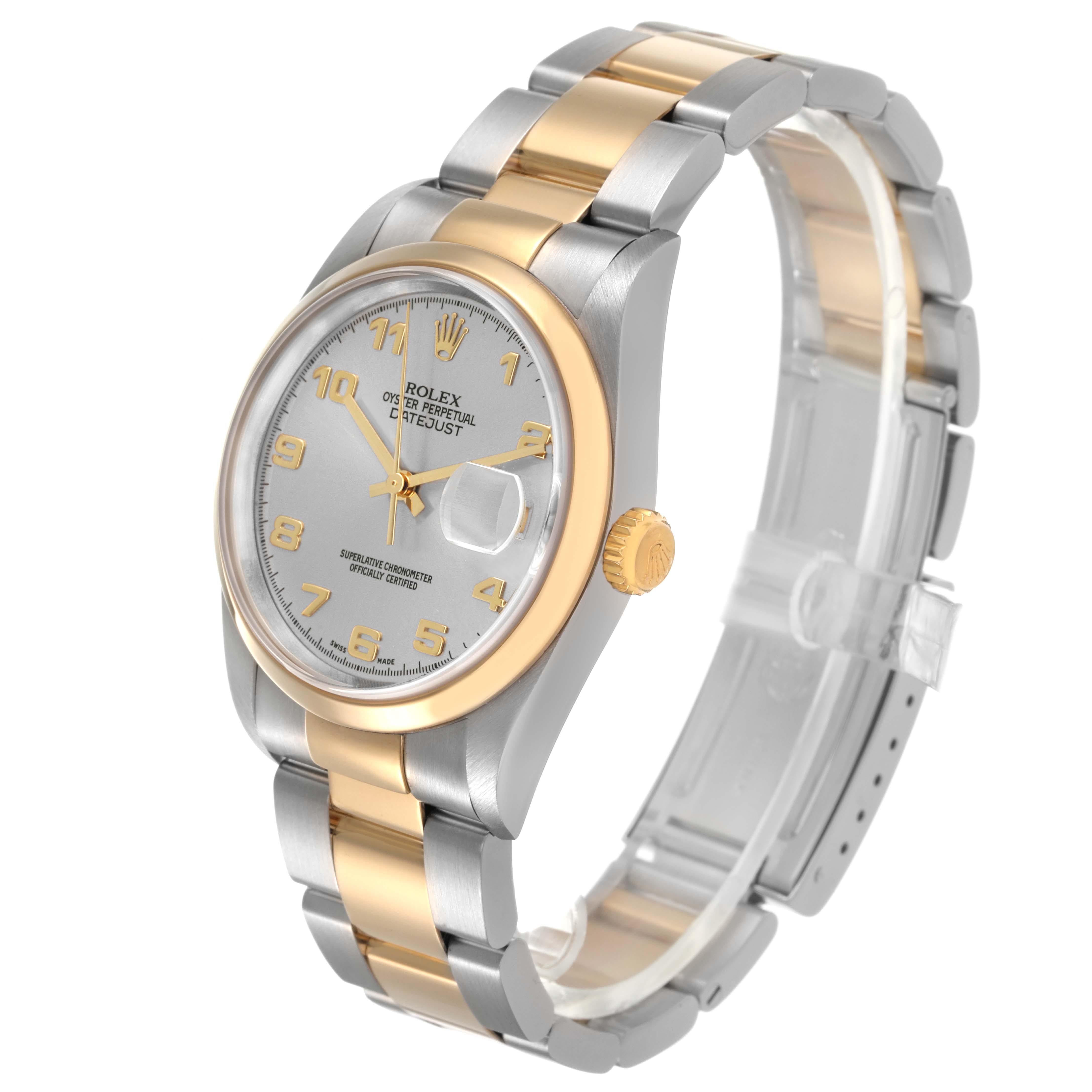 The Rolex Datejust 16203 Men's Steel and Gold (two tone) Silver Dial watch is shown at a three-quarter angle, highlighting the gold and silver bracelet, dial, and crown.