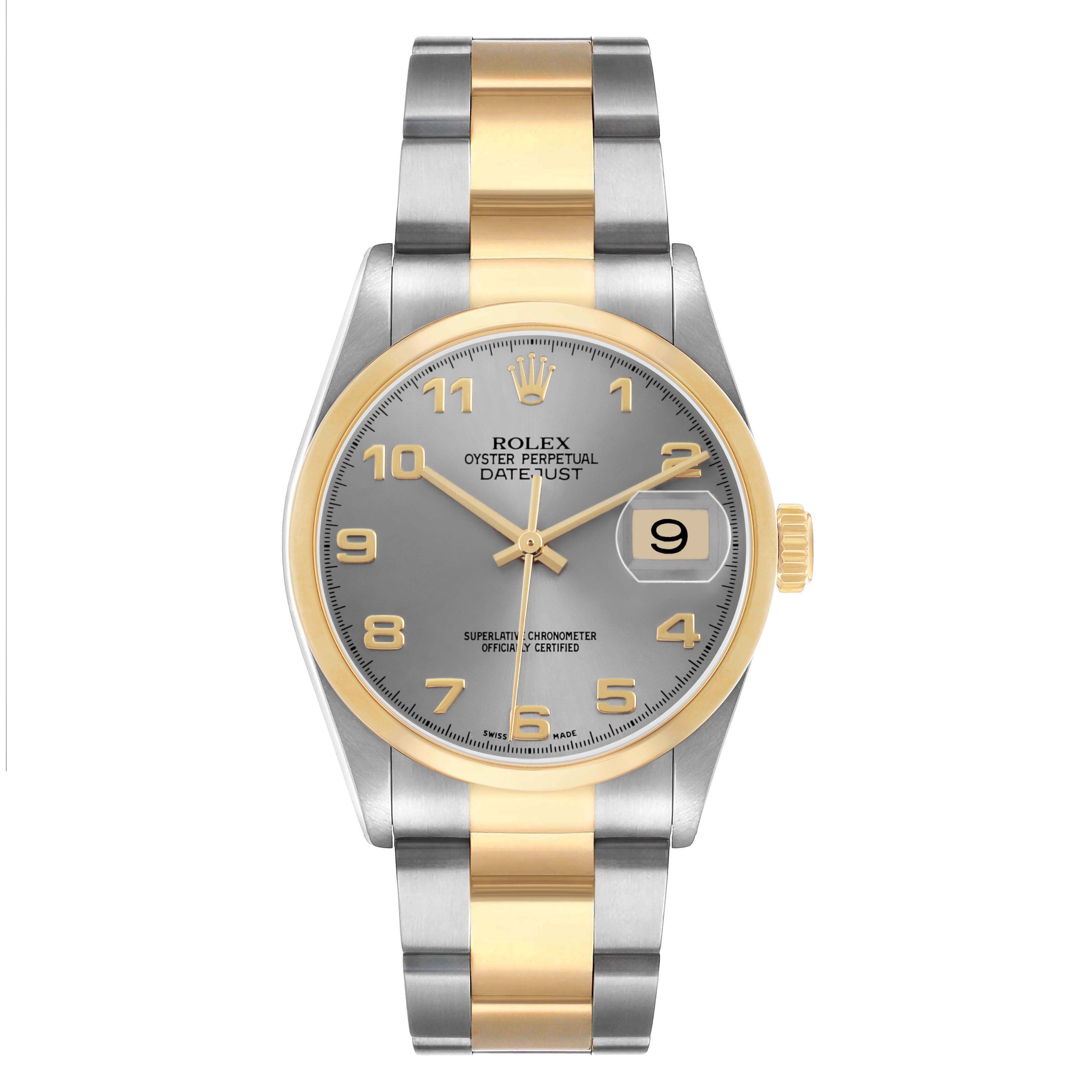 The Rolex Datejust 16203 Men's Steel and Gold (two tone) Silver Dial watch is shown from the front, highlighting the dial, bezel, and bracelet.
